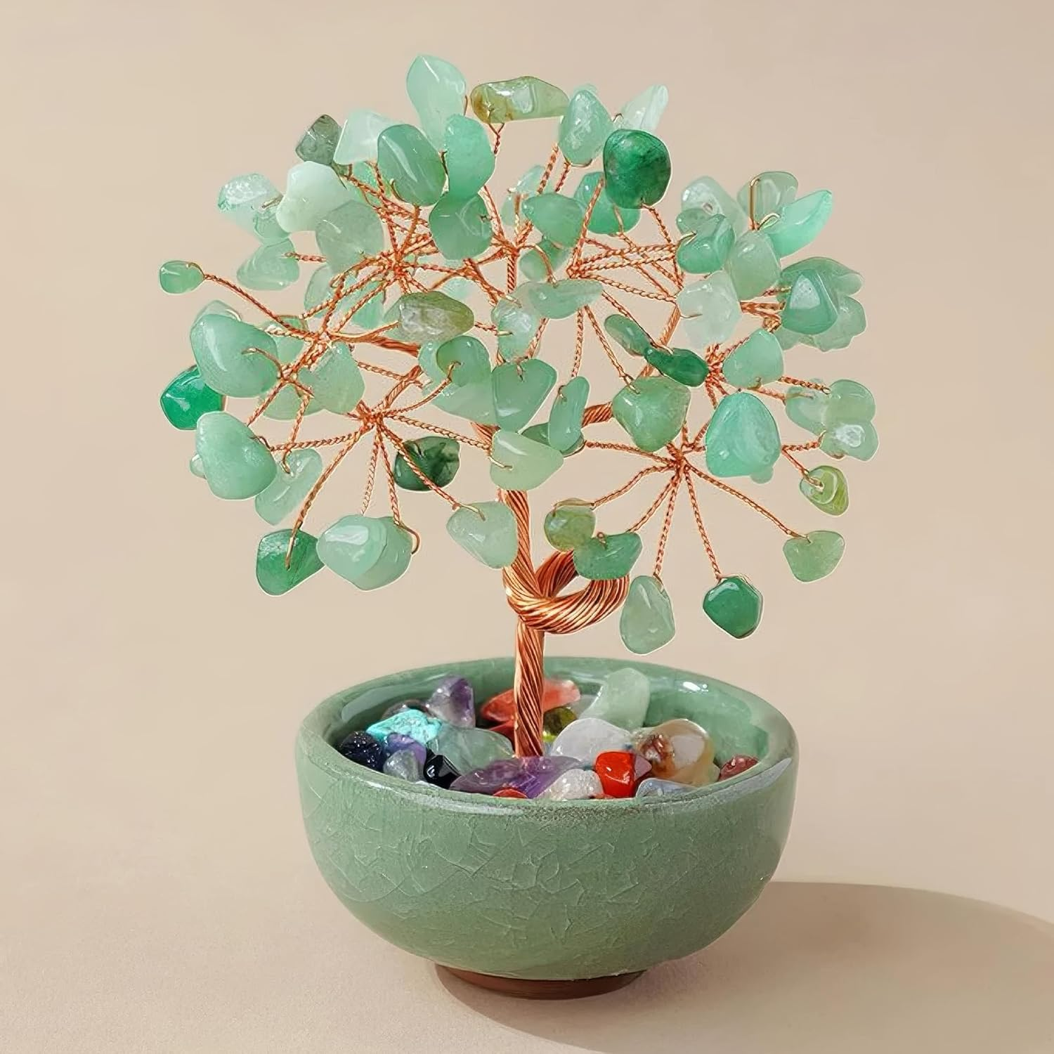 Green Aventurine Crystal Money Tree - Feng Shui Bonsai for Luck & Prosperity, Tabletop Decor for Home Office Artificial Trees with Green Ceramic Pot - Green image number 3