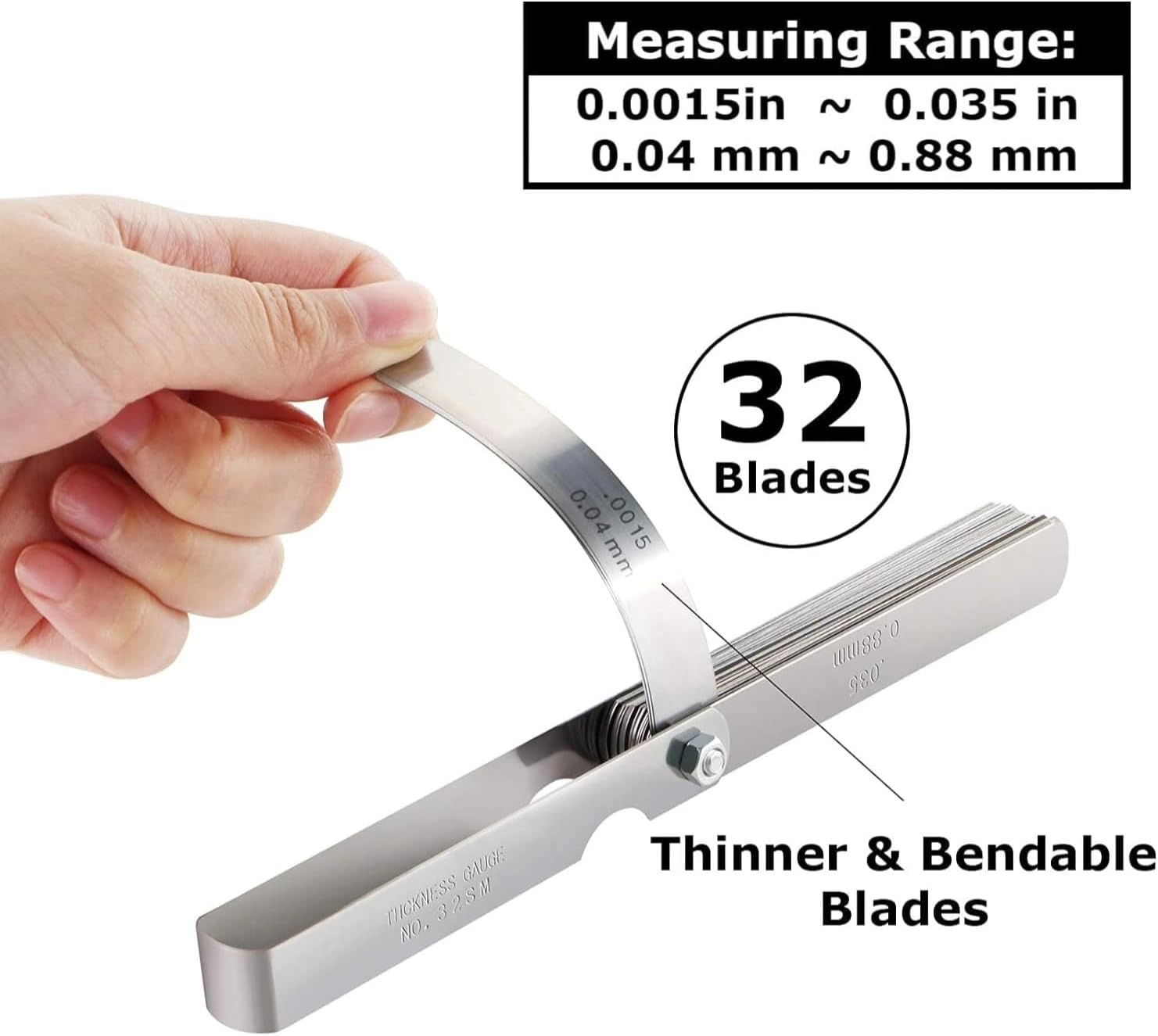 Universal Feeler Gauge Set Stainless Steel Thickness Gauge 32 Blades 0.04-0.88 Mm (0.0015-0.035 Inch) Metric/Imperial for Measuring Gap Width and Thickness for Guitar, Spark Plug image number 5