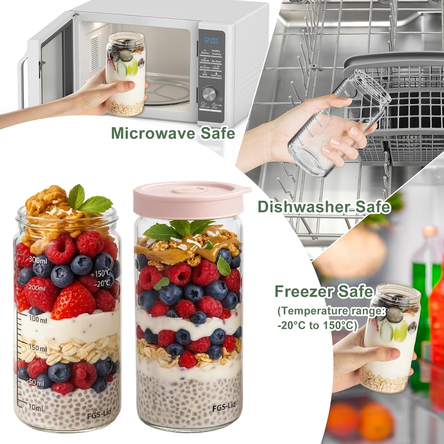 Overnight Oats Containers with Silicone Airtight Lids - 2-Pack 10Oz Wide Mouth Mason Salad Jars, Airtight Glass Containers/Meal Prep Jars for Juice, Chia, Pudding, Yogurt, Cereal, Sugar,Snack.