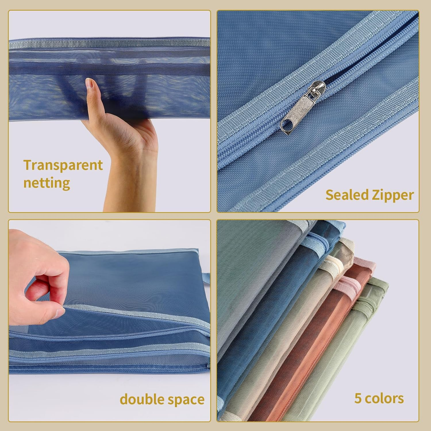 Truelux 10 Pack Colored Double-Layer Mesh Zipper Pouch Bags, Nylon Building Block Sets Toy Storage & Organization, Breathable See through (5Pcs A4+5Pcs A5) Pouch with Handle for School Office Games image number 5