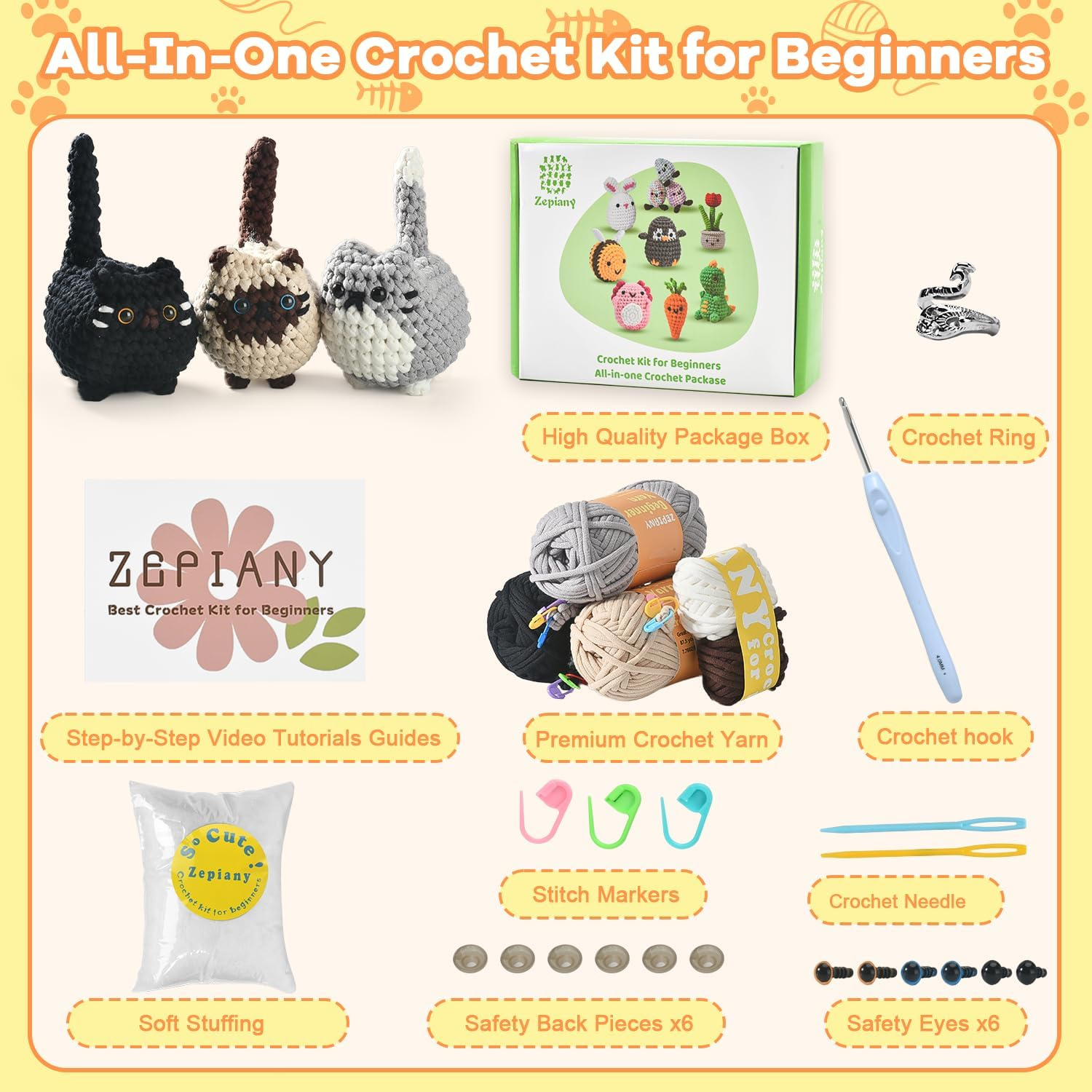 Crochet Kit for Beginners, Crochet Cat DIY Beginner Crochet Kit for Adults, Amigurumi Crochet Animals Craft Kits for Adults Crochet Kits, Easy Knitting Kit Arts & Crafts image number 5