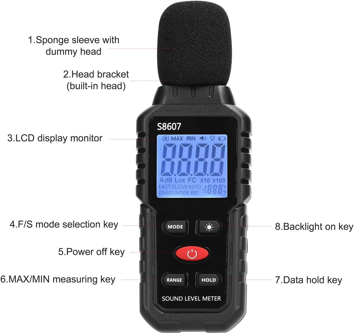 Decibel Meter, Digital Sound Level Meter with 30 to 130 DBA Range, Data Hold, Backlit LCD Display, Portable SPL Meter S8607, Sensitive and Accurate, for Classroom and Workshop image number 2