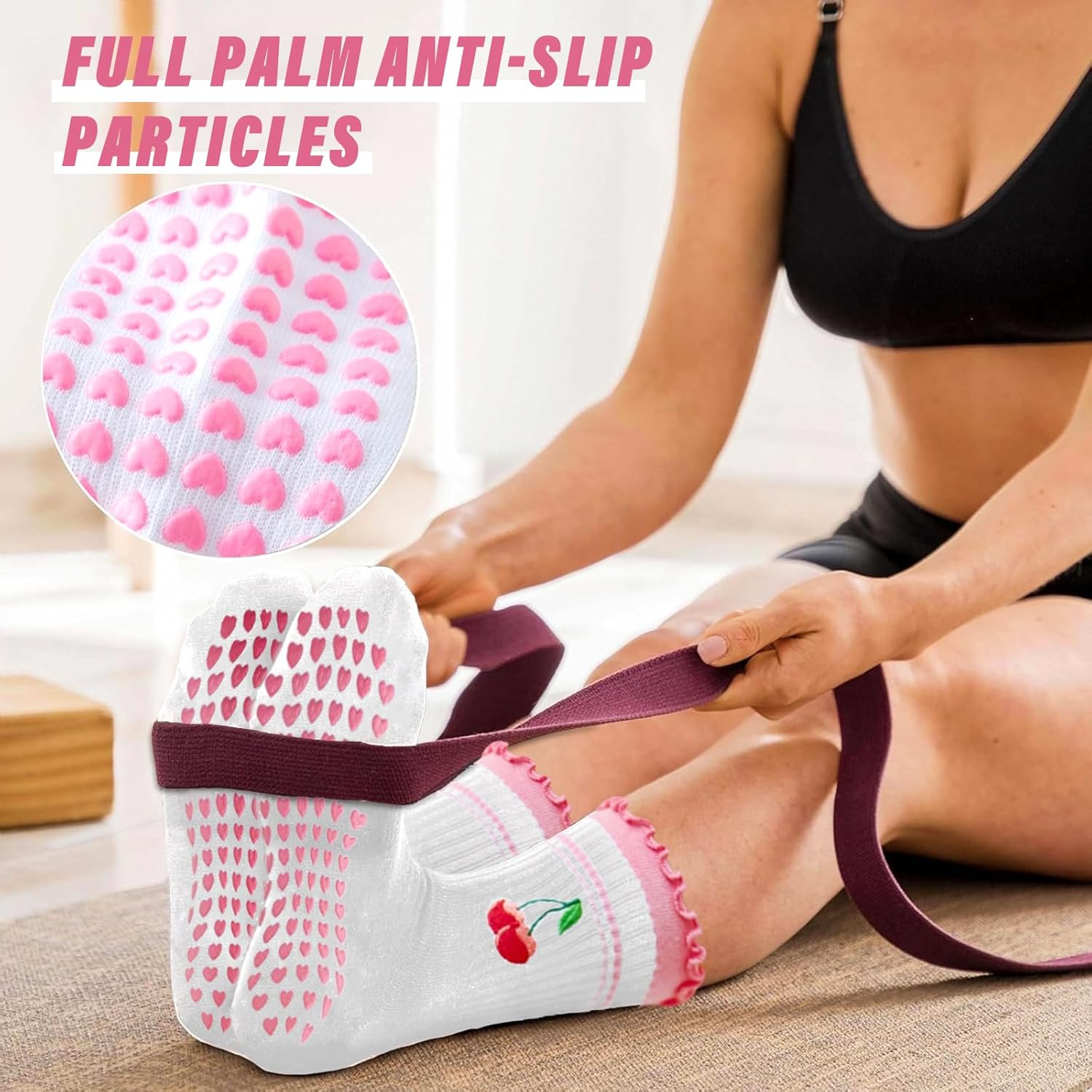 Fiohiros 3 Pairs Pilates Socks Women with Grips, Cherry Reformer Pilates Grip Socks Yoga Socks, Gym Socks for Dance, Training, Barre, Fitness, Workout - Red Lace image number 2