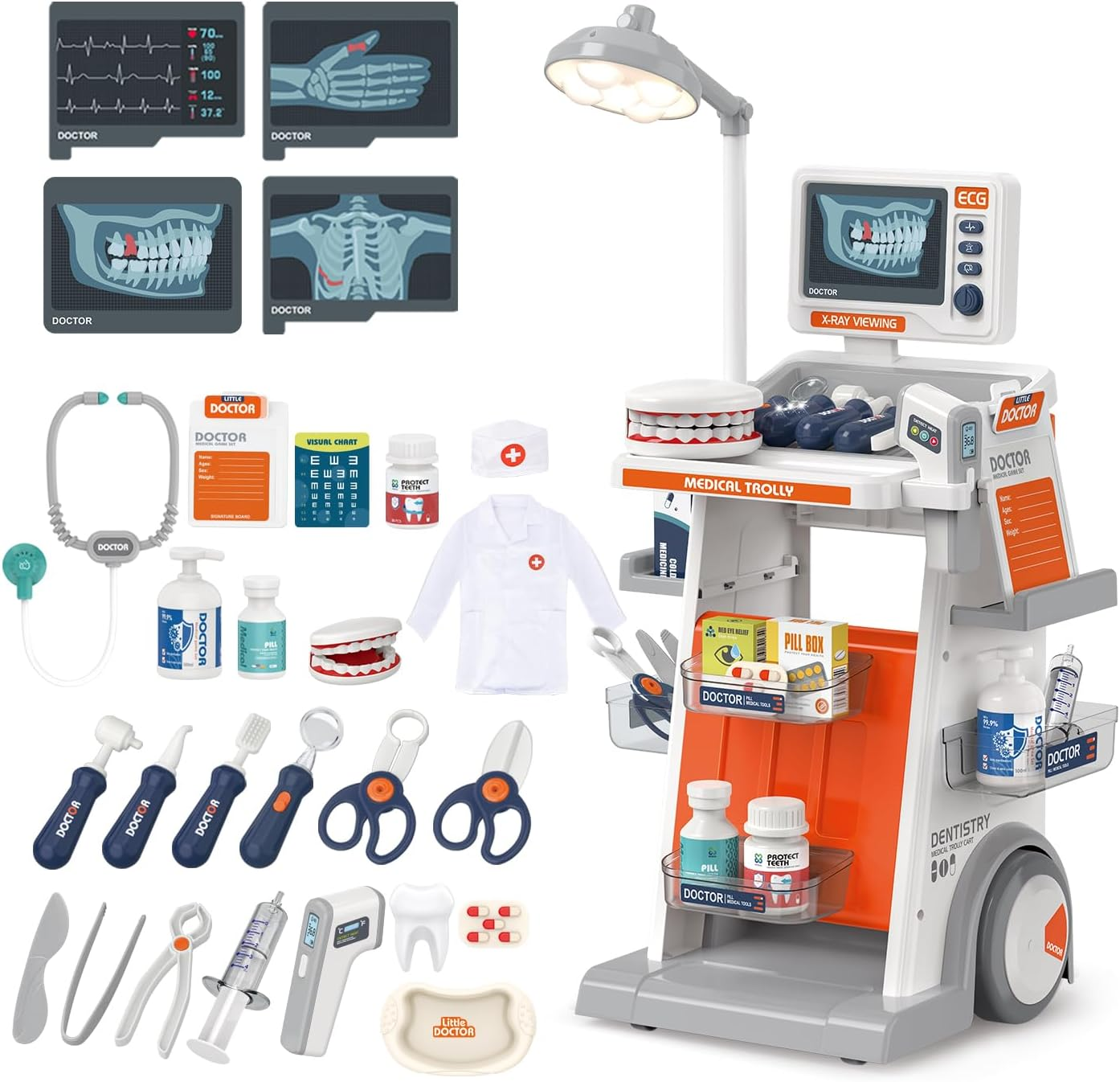 Doctor Kit for Kids 32 Accessories Pretend Medical Station Set for Boys & Girls Mobile Cart with Kids Dentist Play Set for Ages 3 and up Children Role Play Educational Toys image number 2