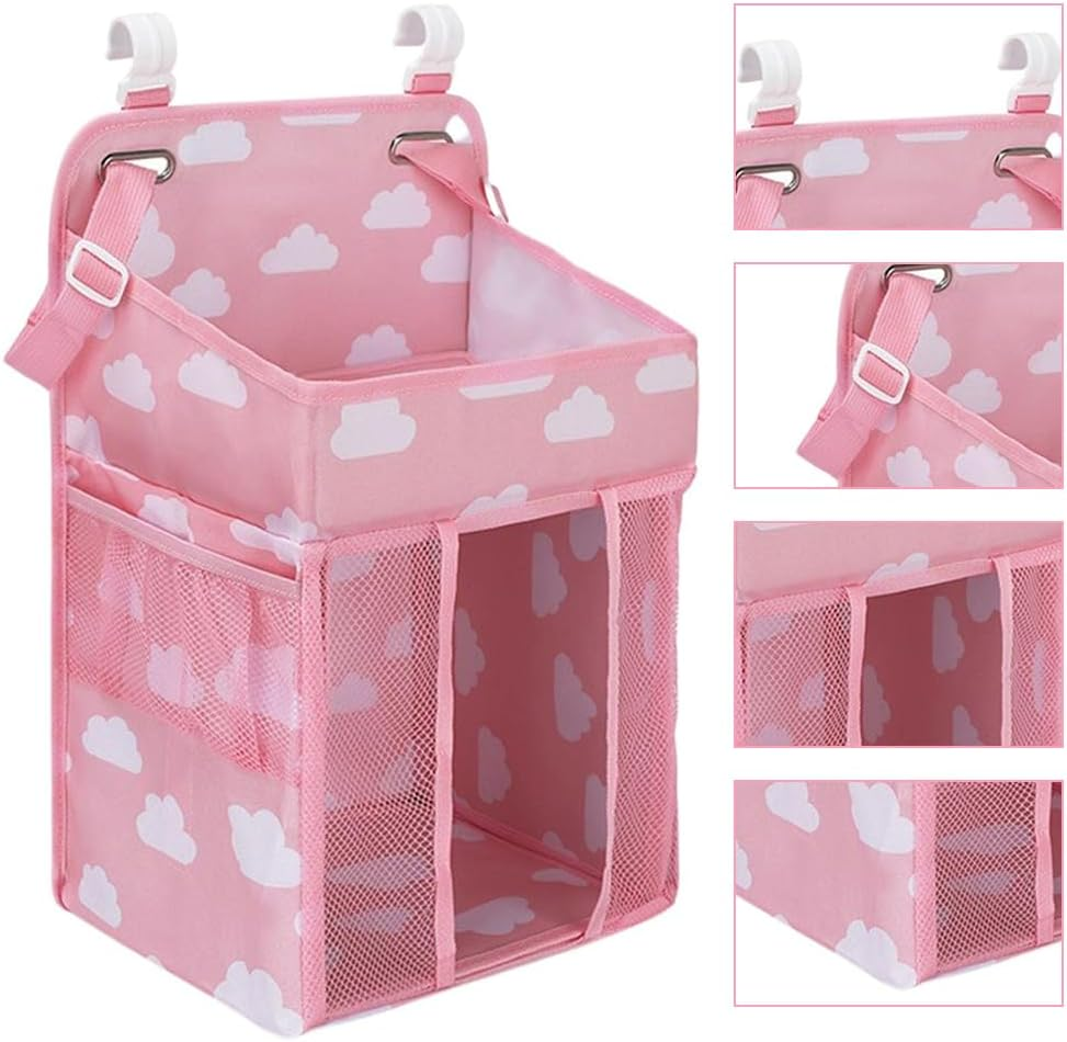TOMVAES Hanging Nappy Organiser, Changing Table Caddy for Cot, Playard, Nursery with Mesh Pockets (Pink)