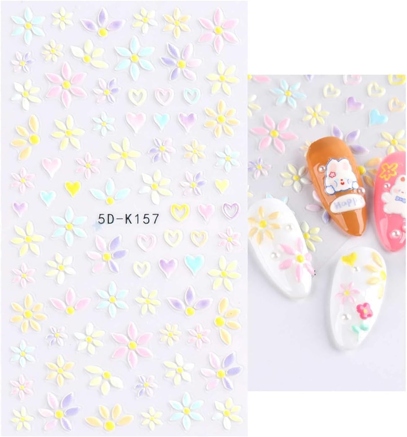 OSYLICT 3D Embossed Nail Art Stickers,5 Sheets Spring Flowers Heart Lace Self Adhesive Colorful Floral Nail Decals Supplies Accessories for Women Girls DIY Decoration image number 1