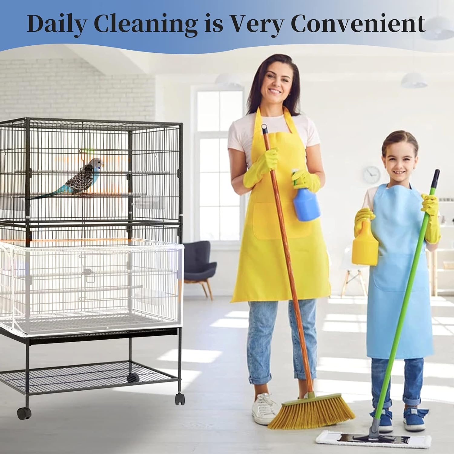 Large Bird Cage Cover, Daoeny Bird Cage Seed Catcher, Adjustable Soft Airy Nylon Mesh Net, Birdcage Cover Skirt Seed Guard for Parrot Parakeet Macaw African round Square Cages (White) - Black, Daisy Design image number 2