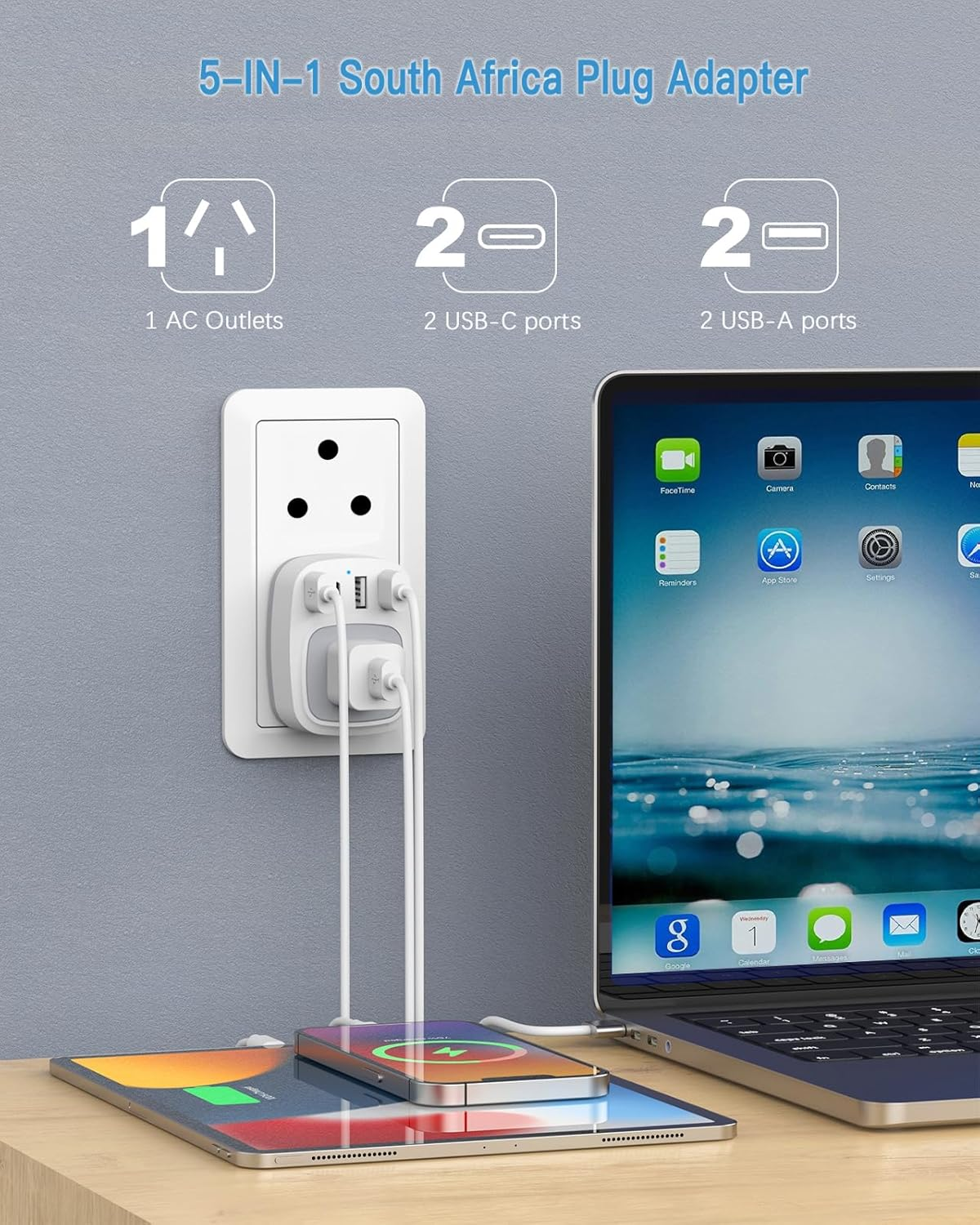 Dozianai South Africa Travel Adapter, AU to South Africa Plug Adapter,Type M Power Plug for Bhutan,Malaysia,Namibia,Nepal,Pakistan,Singapore, Sri Lanka-White image number 6