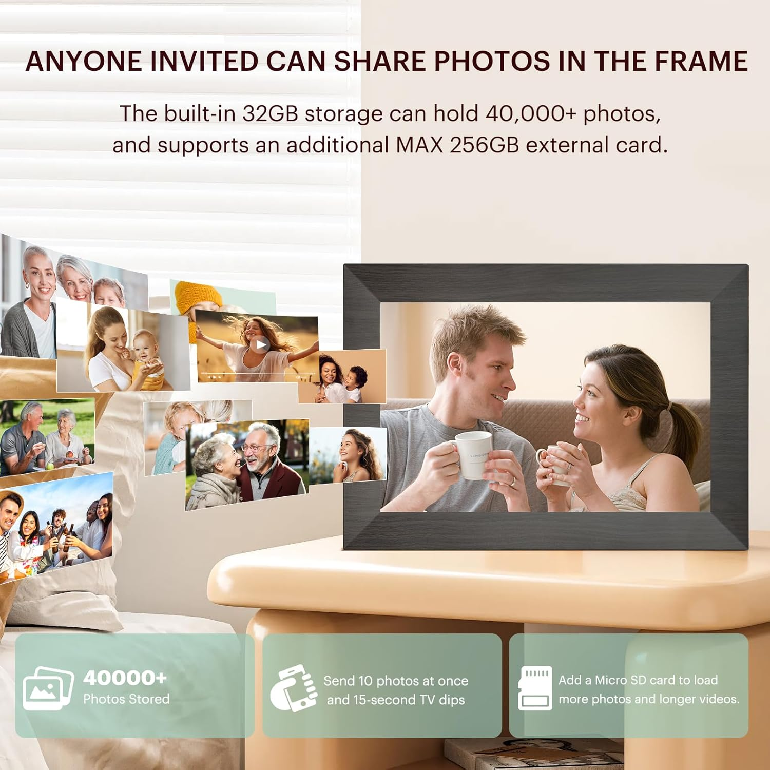 BWJBSW 10.1 Inch Wifi Digital Photo Frame, 1280X800 HD IPS Touch Screen with 32GB Storage, Digital Picture Frame for Wall/Tabletop Display, Extend Storage by Micro SD Card, - Black image number 1