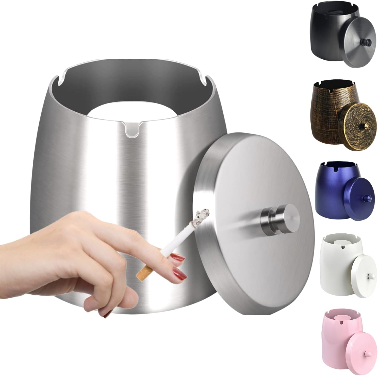 Ash Tray, Large Outdoor Ashtray with Lid, Ashtray for outside Patio, Stainless Steel Windproof Smokeless Ash Tray for Balcony, Ashtrays for Smokers, Cigar, Home Office Decoration image number 7