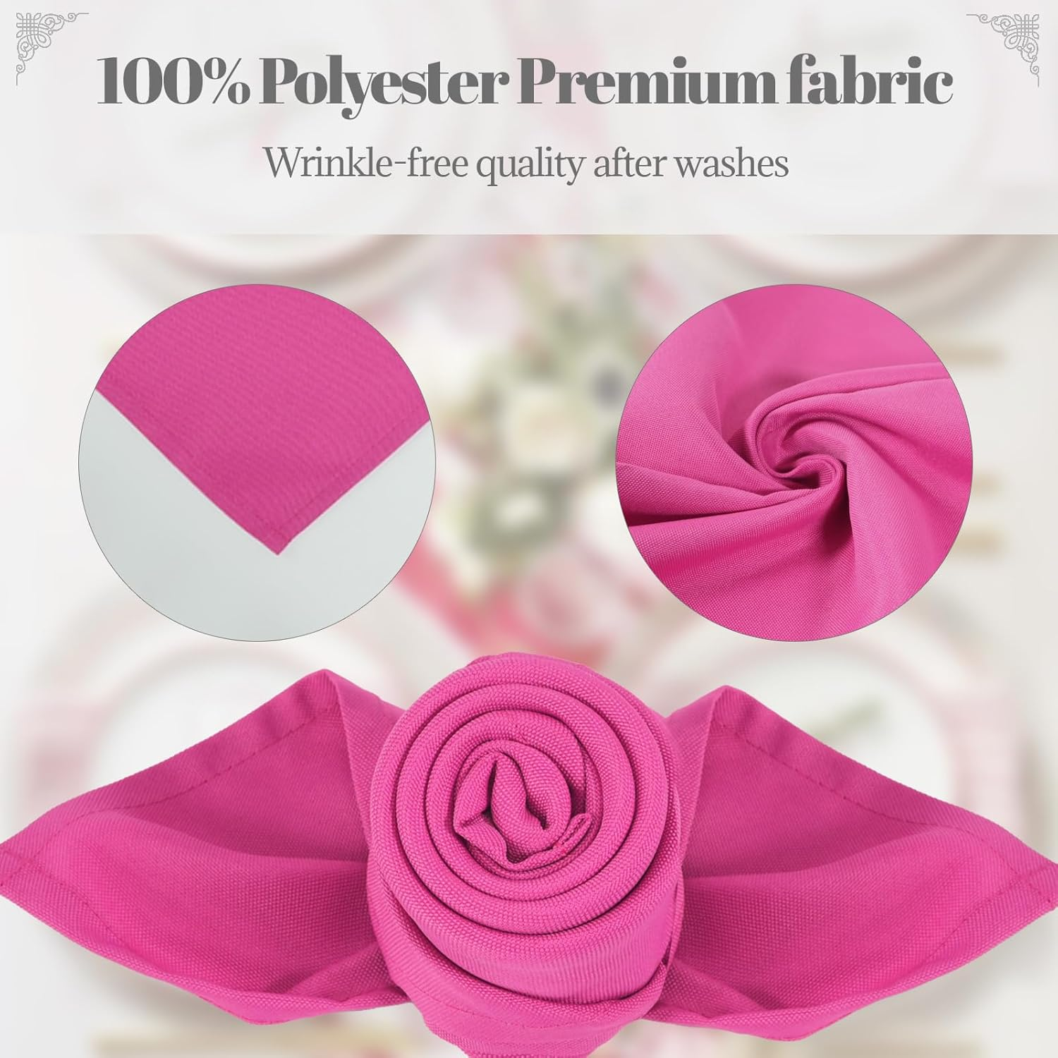 PLOYMONO Fuchsia Heavy Duty Cloth Napkins - 17 X 17 Inch Solid Washable Polyester Dinner Napkins - Set of 8 Napkins with Hemmed Edges - Great for Weddings, Parties, Banquets Dinner & More - Beige image number 7
