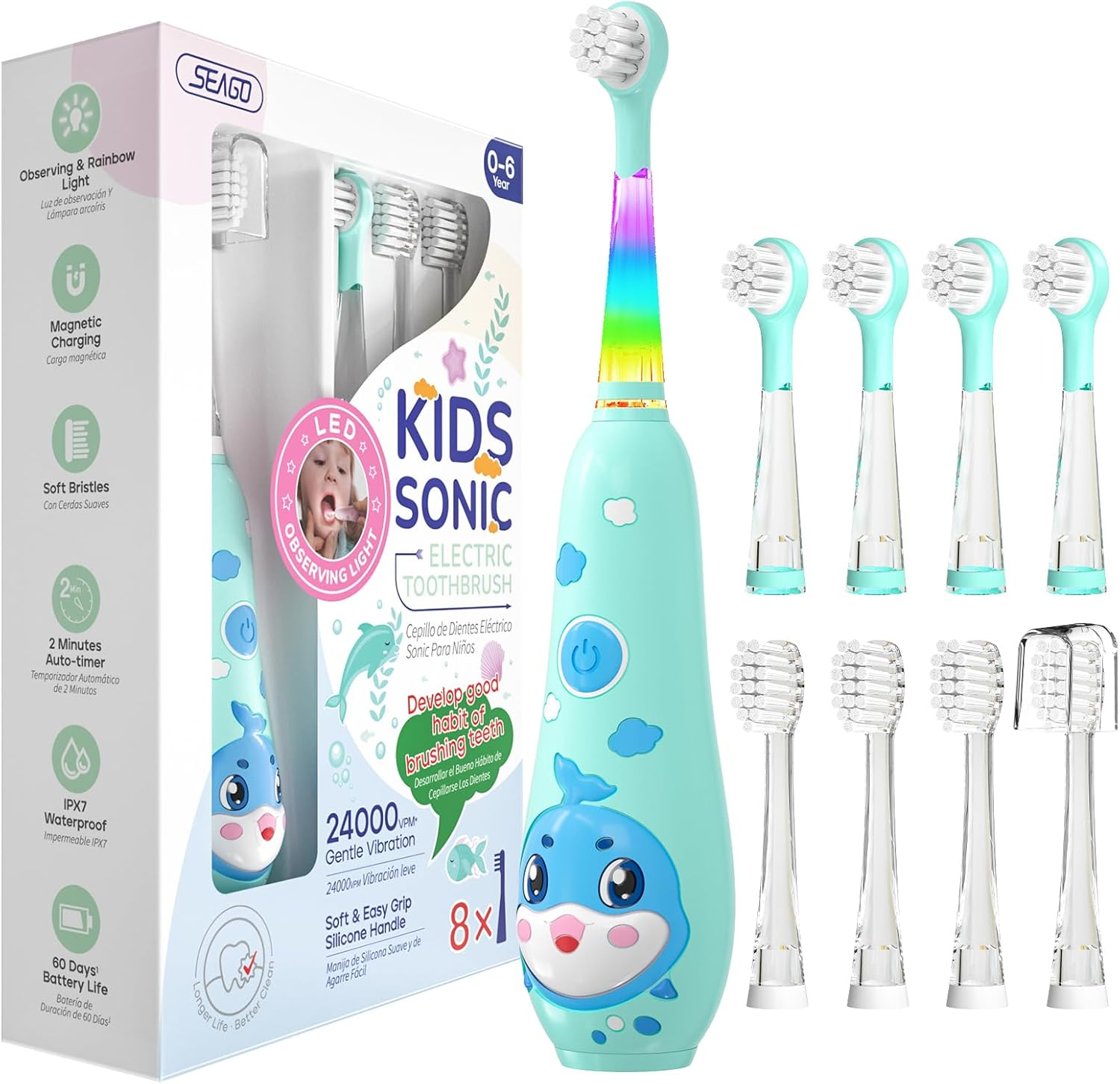SEAGO Kids Electric Toothbrushes Rechargeable, Toddler Electric Toothbrush with Magnetic Charging, LED Observing Light, 8 Toothbrush Heads for Ages 2-4-6 Boys Girls (Pink)