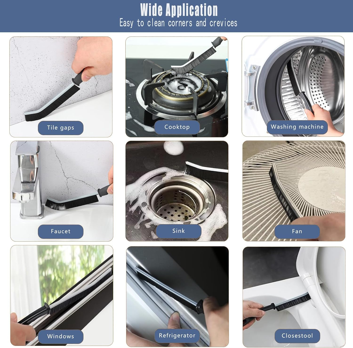 Hard Bristle Crevice Cleaning Brush - Cleaning Tools for Household Use, Multifunctional Gap Cleaning Supplies for Kitchen, Bathroom, Toilet, Window, Vehicle, Faucets, Grout, Home (Black, 5 Pack) image number 3