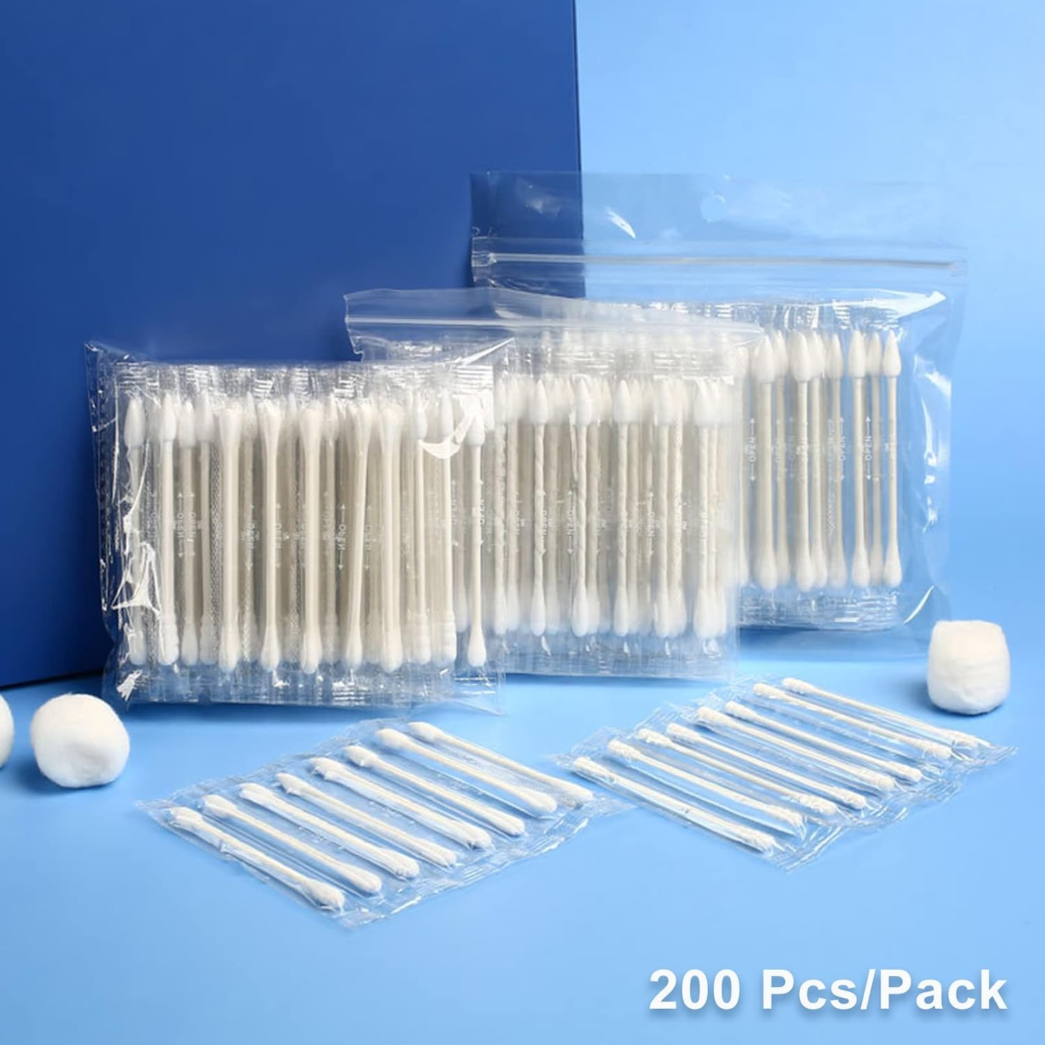 Cotton Swab Individually Wrapped, 200 Count Natural Cotton Buds, Double Tipped Cotton Tips for Ear, Beauty Care, Cleaning (White, Double round End)) image number 2