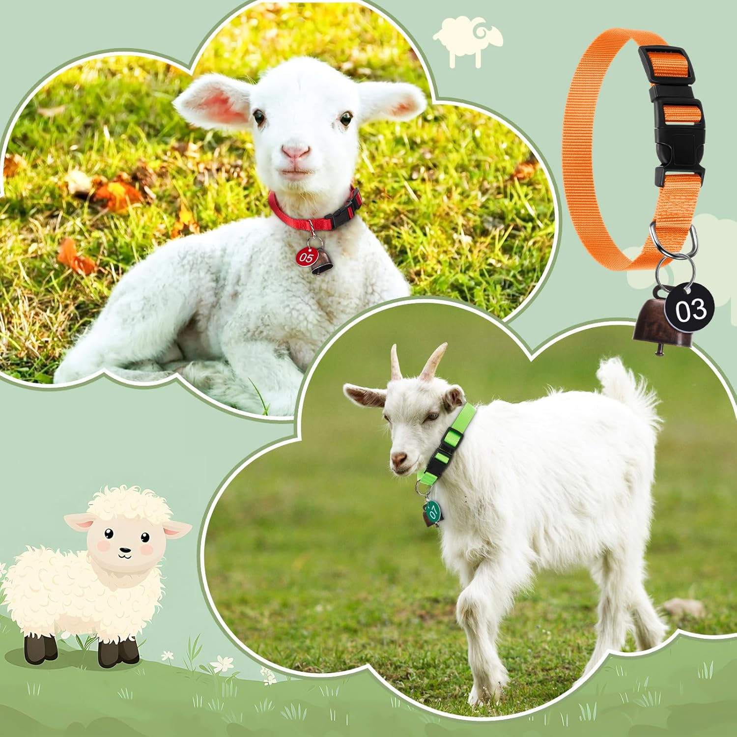 12 Pack Goat Collar with Bell and Number Tag Adjustable Nylon Sheep Collar Set with Plastic ID Number Tags for Small Farm Animal Livestock Goat Sheep Cow Accessories image number 4