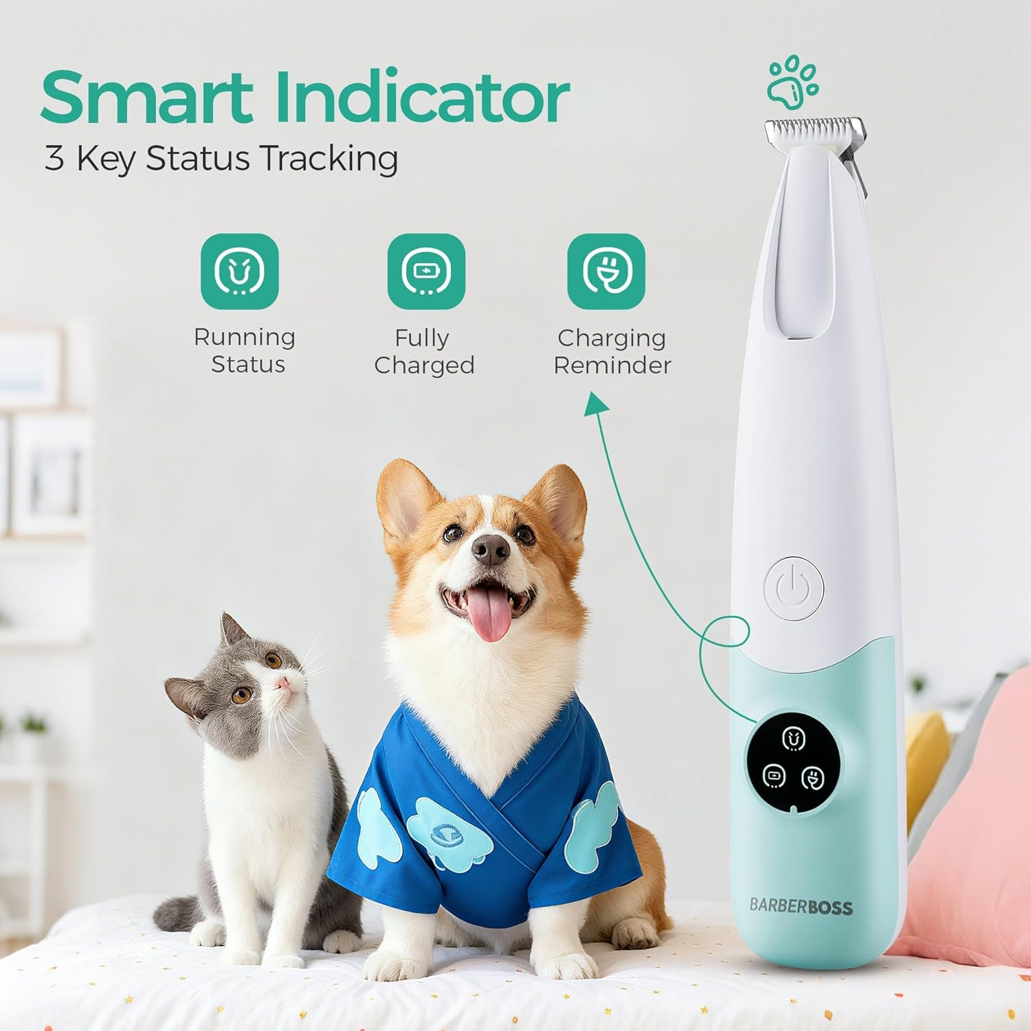 Barberboss Pet Hair Trimmer, Dog and Cat Grooming Scissors with LED Indicator, Low Noise Wireless Paw Cutter, USB Rechargeable Pet Detail Cutter for Face, QR-9001 image number 2