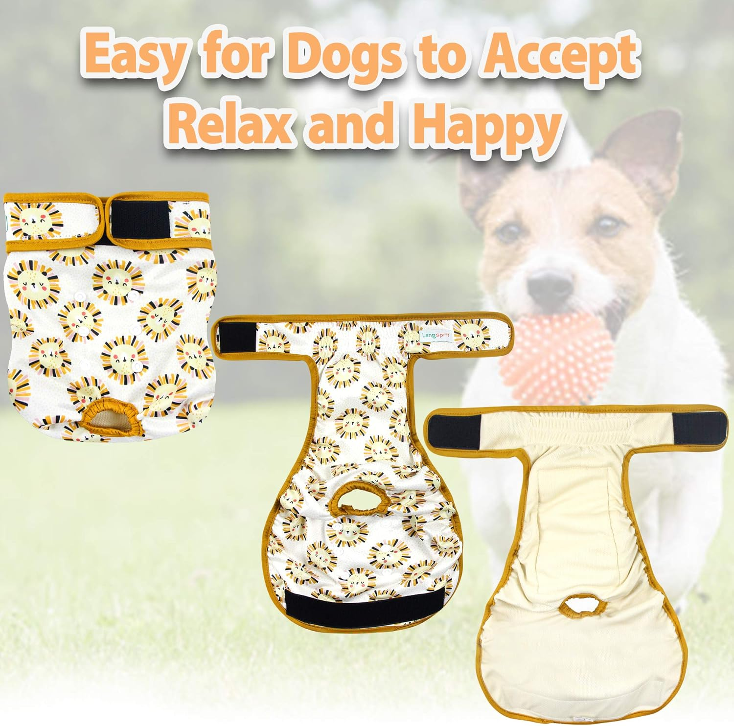 Langsprit Washable Female Dog Diapers (3 Pack) - No Leak Reusable Diapers for Doggy Female in Period - Highly Absorbent Dog Heat Panties with Adjustable Snaps (Rabbit, Owl, Lion, Medium) image number 3