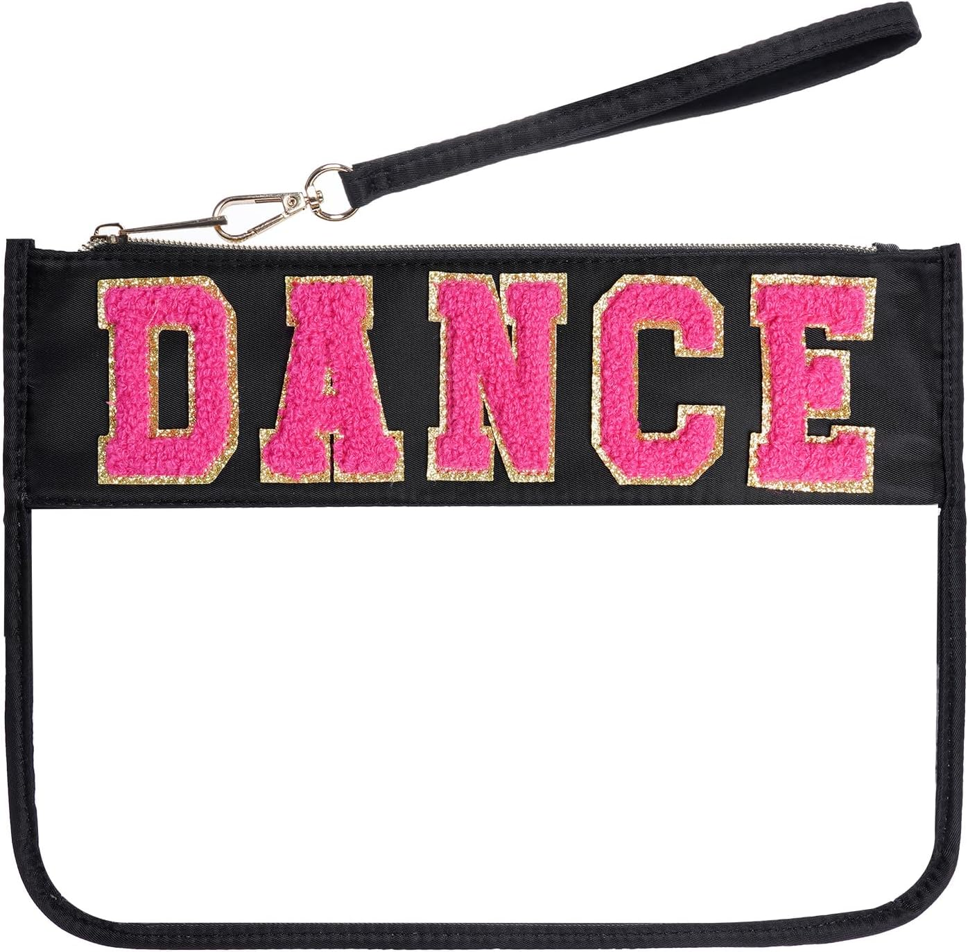 Chenille Letter Bag, Clear Flat Pouches with Zipper, Clear Makeup Letter Bag, Black-Dance, 11.8X8.7 Inch
