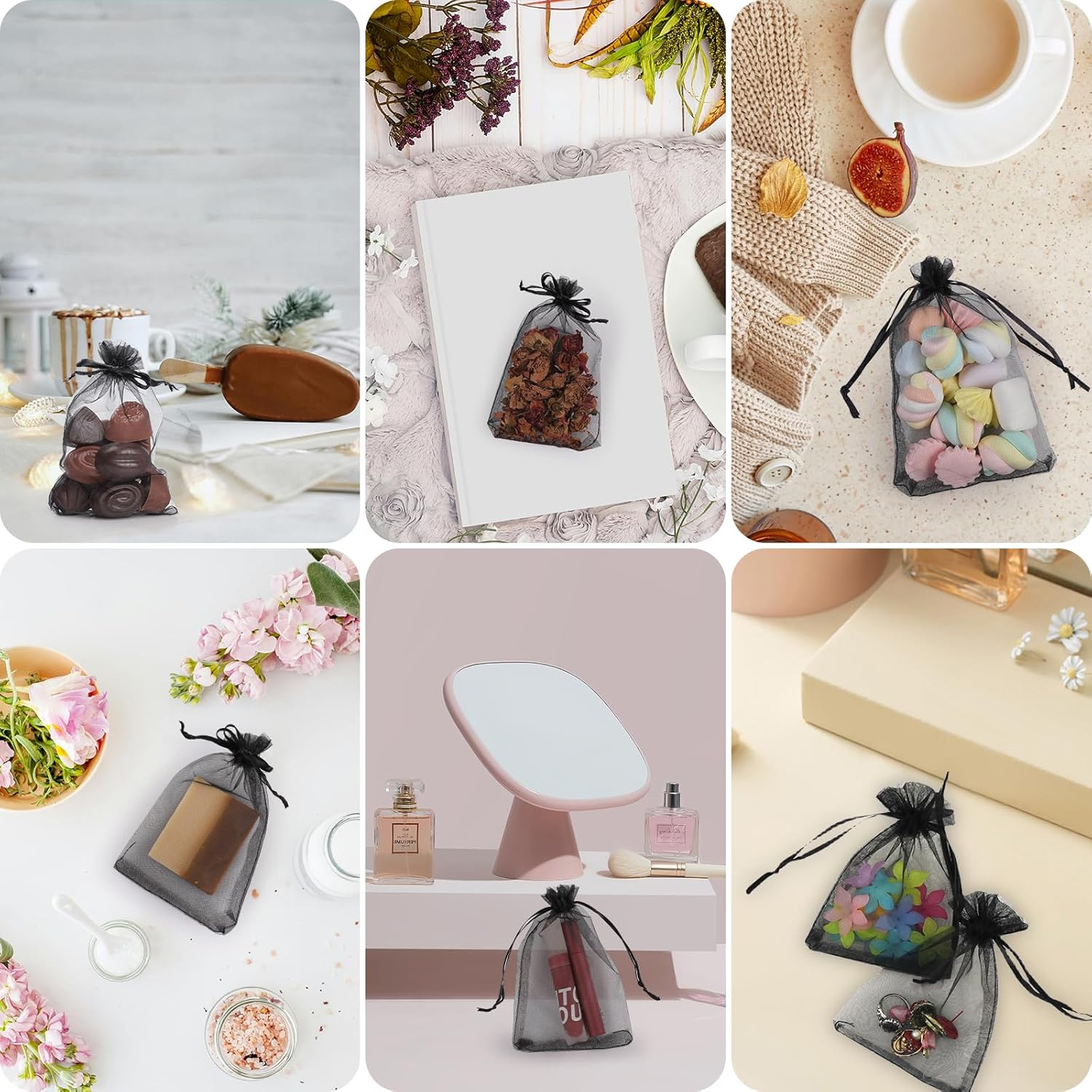 Bigqin 60Pcs Sheer Organza Bags Black 10 Cm X 15 Cm Wedding Favor Bags, Drawstring Pouches Gift Bags for Wedding, Party and Package image number 4