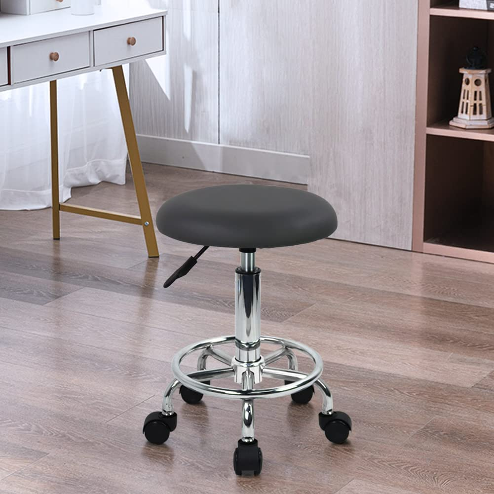 WKWKER Ergonomic Rolling Stool PU Leather Stool on Wheels Swivel Height Adjustable Seat Stool Chair for Kitchen Drafting Salon Lab Office Massage Stool (Gray) image number 5