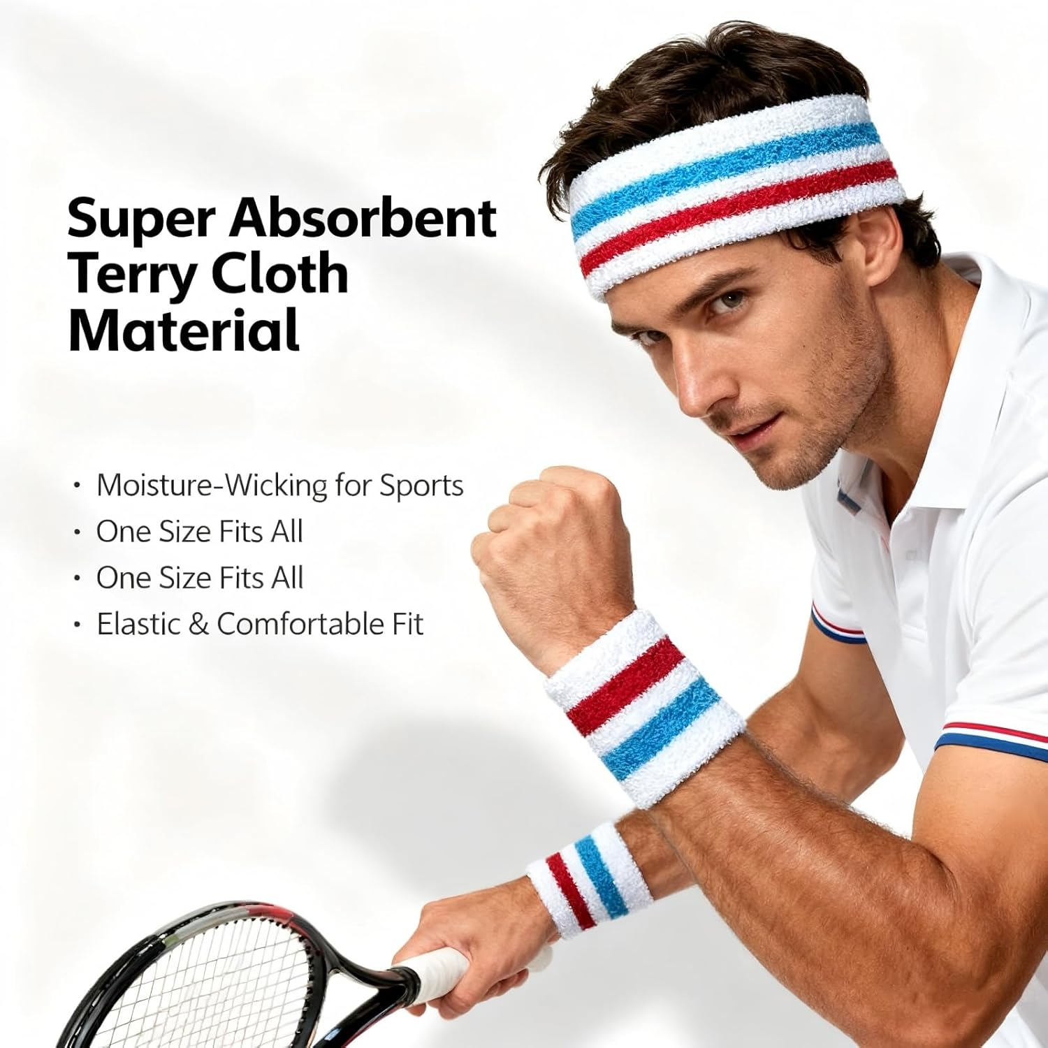 Pack of 3 Pieces(1 Headband + 2 Wristbands) Striped Sweatband Set | Sports Sweat Bands for Men, Women & Kids | Moisture-Wicking for Basketball, Tennis, Gym, Running Fitness Accessories image number 1