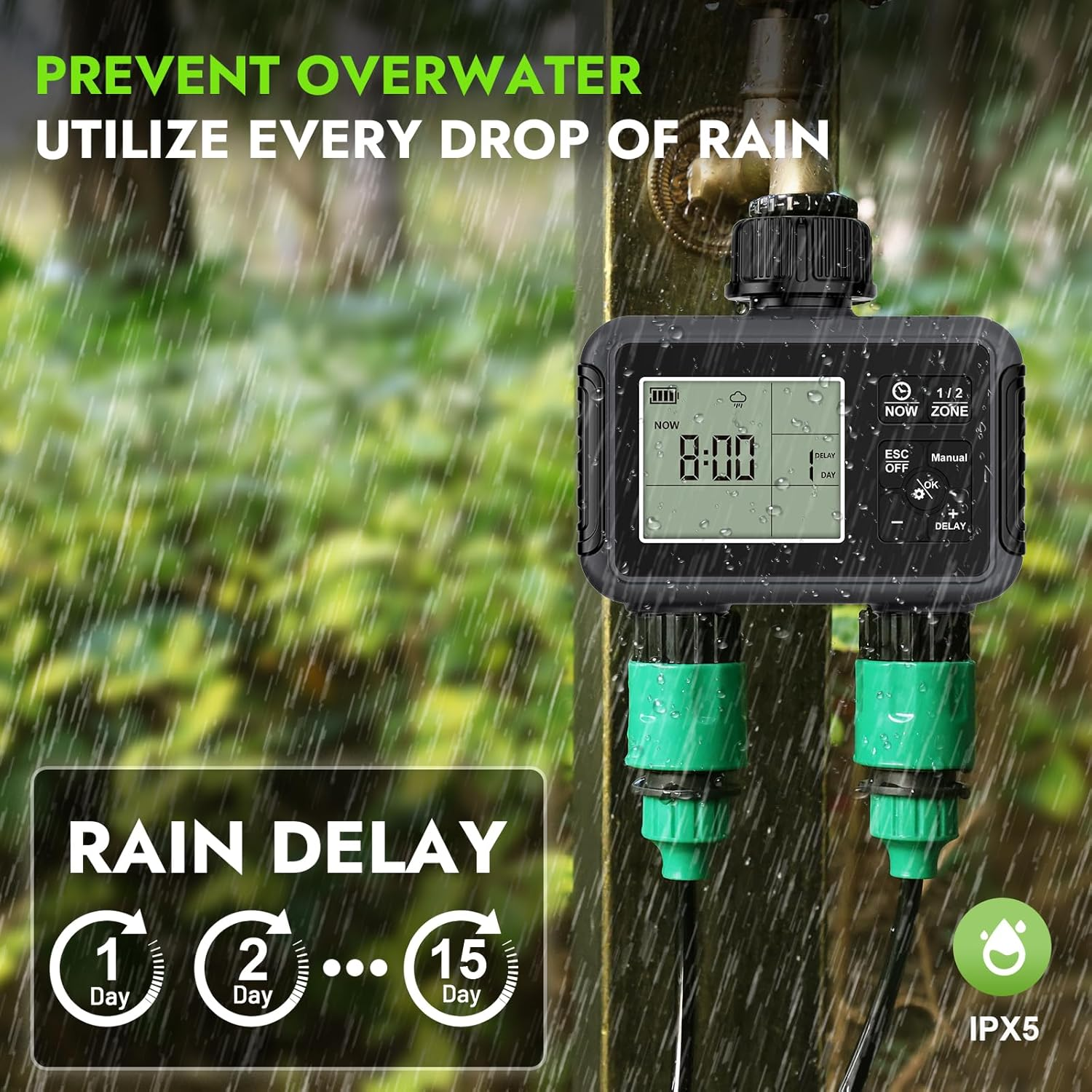 Sprinkler Timer 2 Zone, Programmable Water Timer for Garden Hose 2 Outlet for Garden, Outdoor Automatic Irrigation System IPX5 Waterproof with Auto/Manual/Rain Delay Mode Rain Delay/Manual for Lawn image number 1