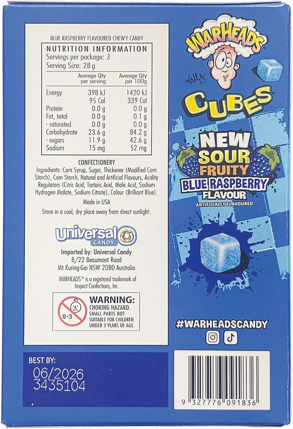 Warheads Blue Raspberry Cubes Theatre Box 85G image number 1