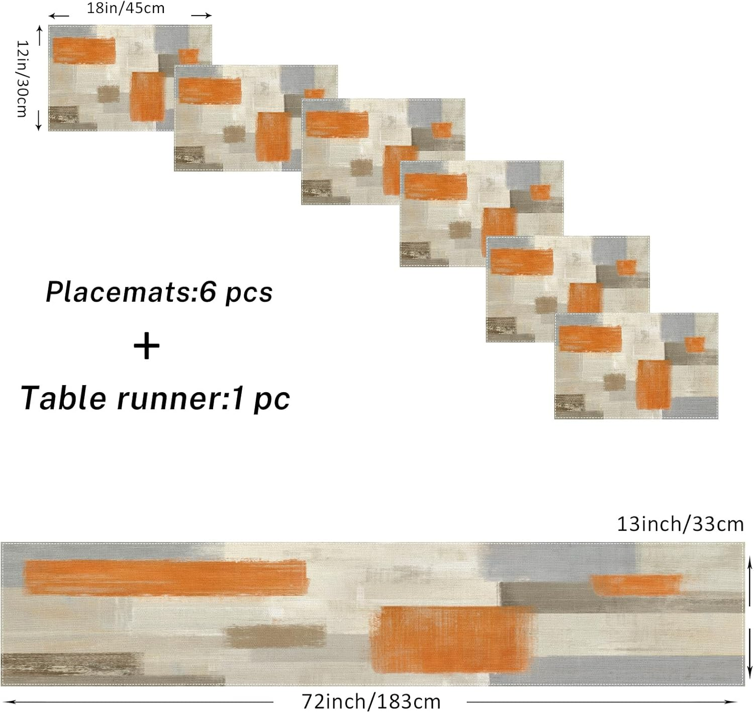 Emvency Farmhouse Table Runner and Placemats Set of 6, Cotton-Linen Modern Orange and White Painting Art Dining Table Decor for Daily Use(1 Table Runner 72Inches Long and 6 Placemats) image number 4