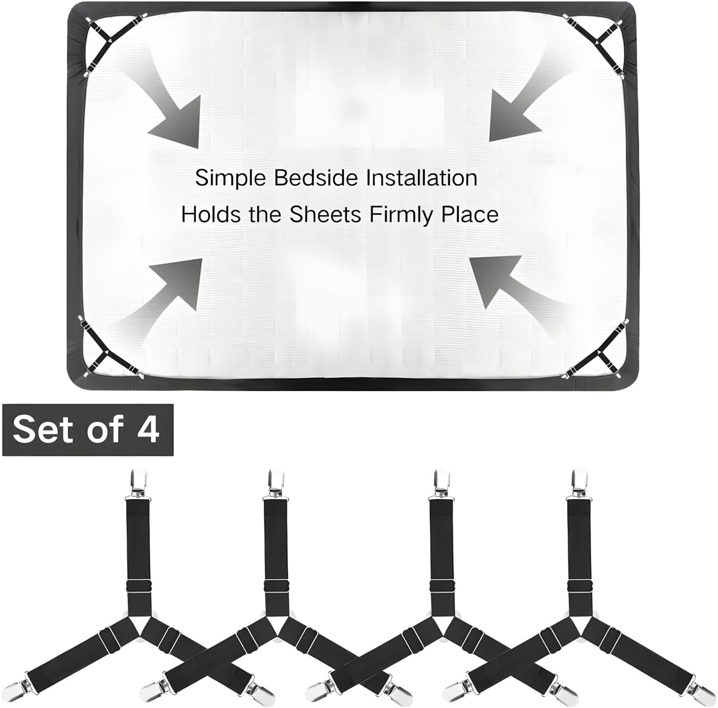 Bed Sheet Fasteners Holder Straps - Sheet Scrunchie with Elastic Bands and Corner Clips, Used for Bed Sheets, Mattress Covers, Sofa Cushion(Black, Pack of 4) image number 3