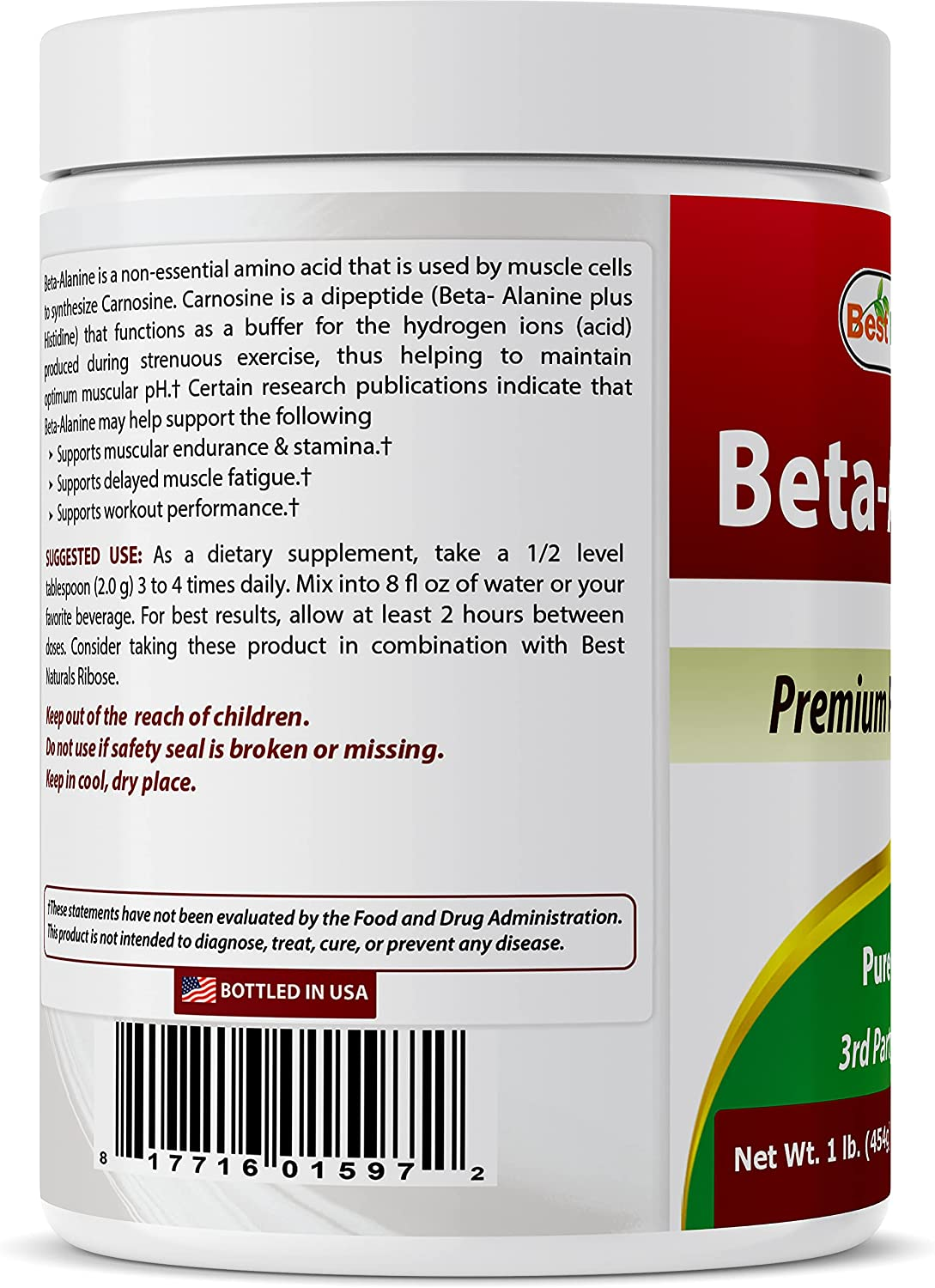Best Naturals Beta Alanine Pure Powder 1 Pound (1 LB (Pack of 3)) image number 3
