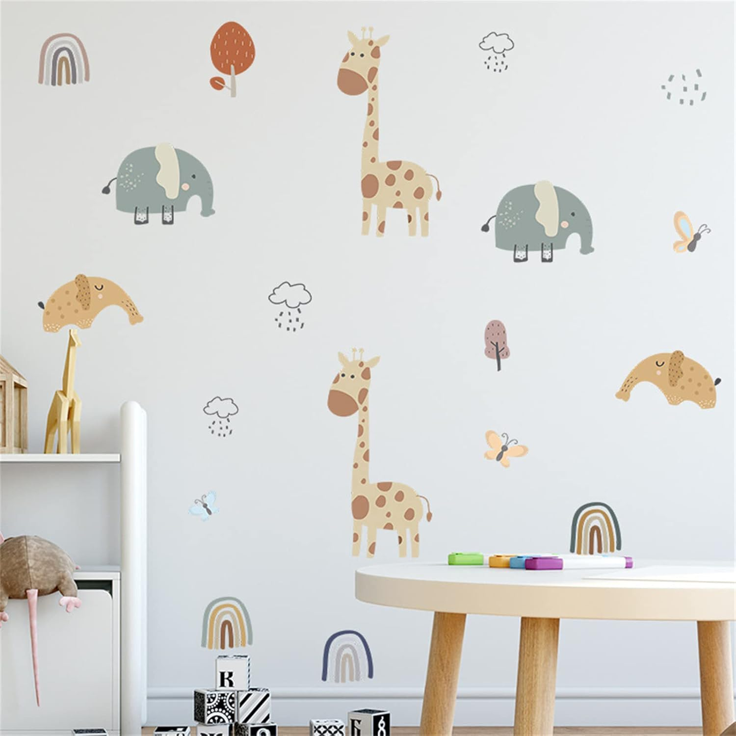 Safari Elephant Tree Wall Decals Peel and Stick Giraffe Stickers Jungle Nursery Wallpaper Boho Rainbow Baby Room Wall Decor