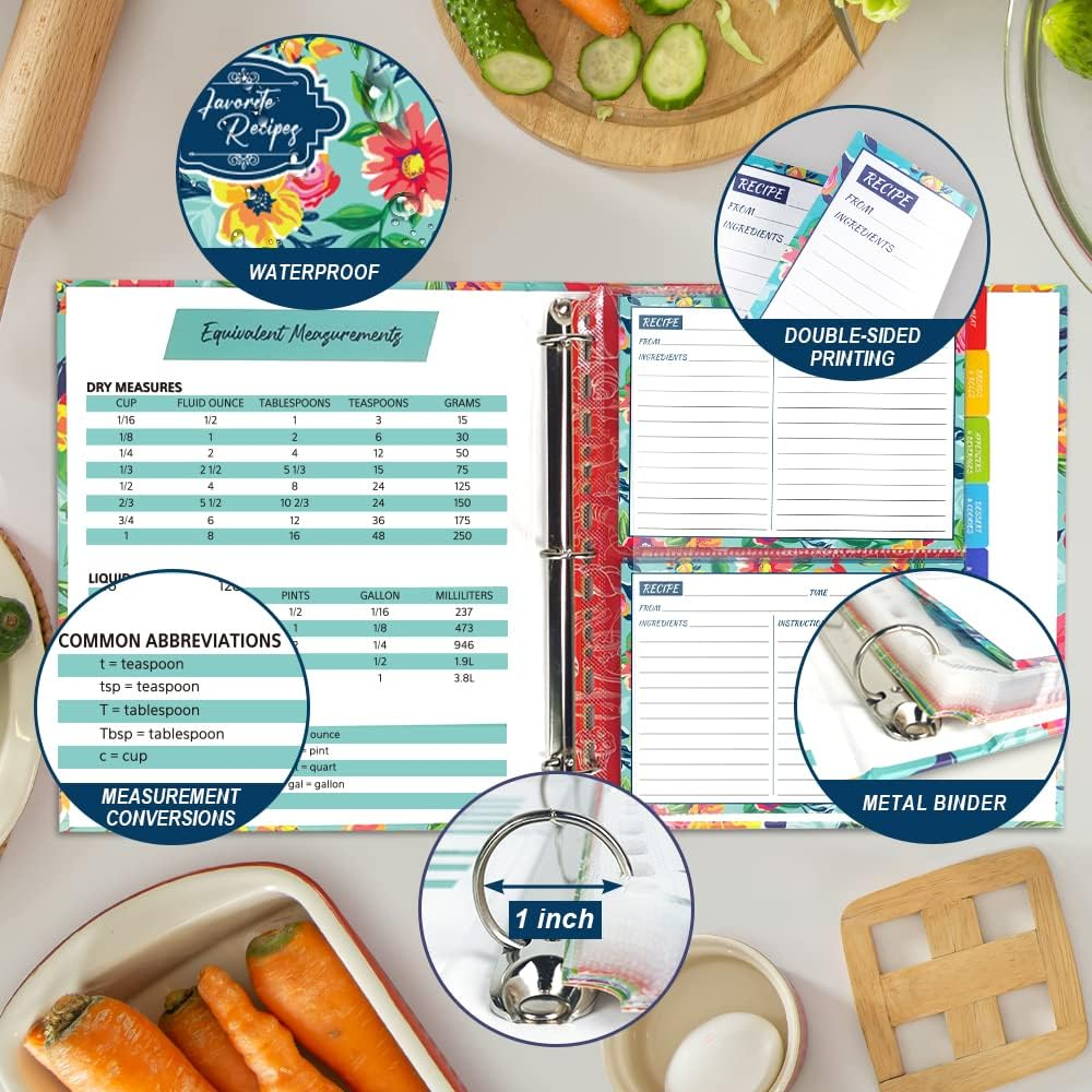Recipe Binder, 8.5 X 11 Inch 3 Ring Recipe Binder Kit with 50 Plastic Sleeves Protectors, 100 Packs 5X7 Inch Recipe Cards & 8 Category Divider Tabs, Organizer Set Watercolor Floral in Blue Design (XL) - Blue Watercolor Flower image number 4