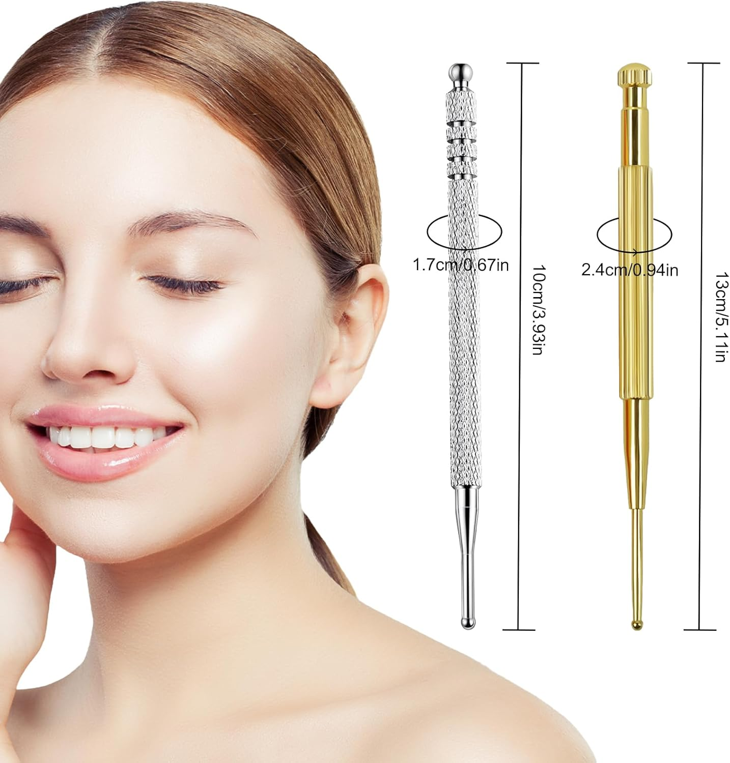 BLMHTWO 2 Pieces Acupressure Pen, Dual Head Reflexology Acupuncture Pen Deep Tissue Massage Stainless Steel Retractable Ear and Body Point Probe Pen for Home SPA (Gold and Sliver) image number 5