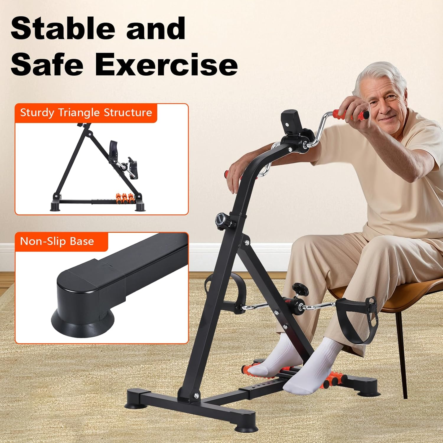 ADVWIN Pedal Exerciser Bike for Seniors, Arms + Legs Physical Therapy, Adjustable Resistance & Height, LCD Display, Black&Orange image number 2