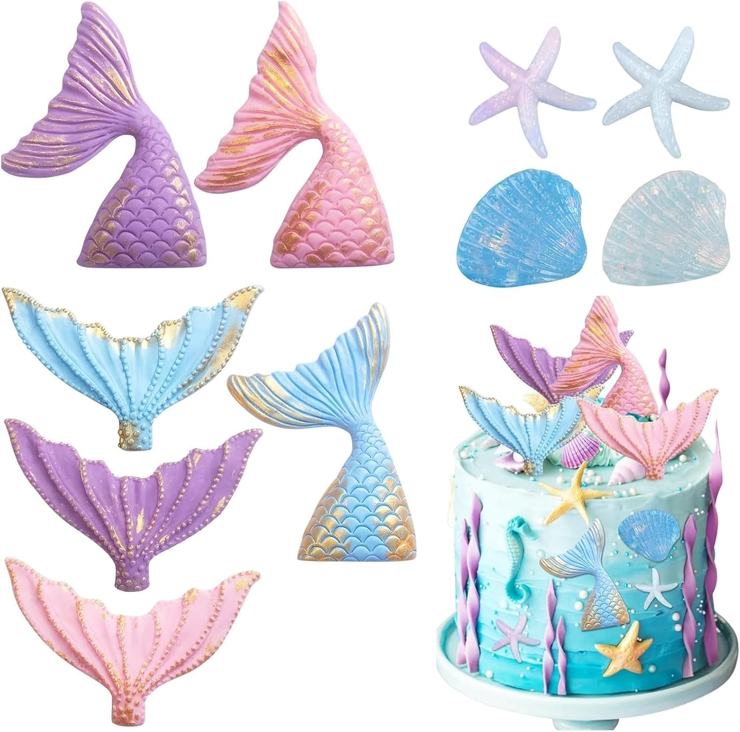 10 Pcs Mermaid Cake Topper Set, Mermaid Tail Cake Decorations for under the Sea Princess Theme Party, Includes Seashell Starfish Cake Toppers for Birthday Celebration