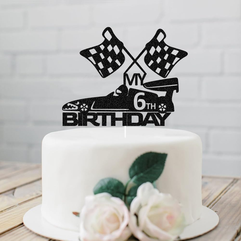 SWEETTALA Racing Car 6Th Cake Topper for Race Car Checkered Flag Themed Kids Boy Girl 6 Years Old Birthday Party Decorations Black Glitter (My 6Th Birthday)