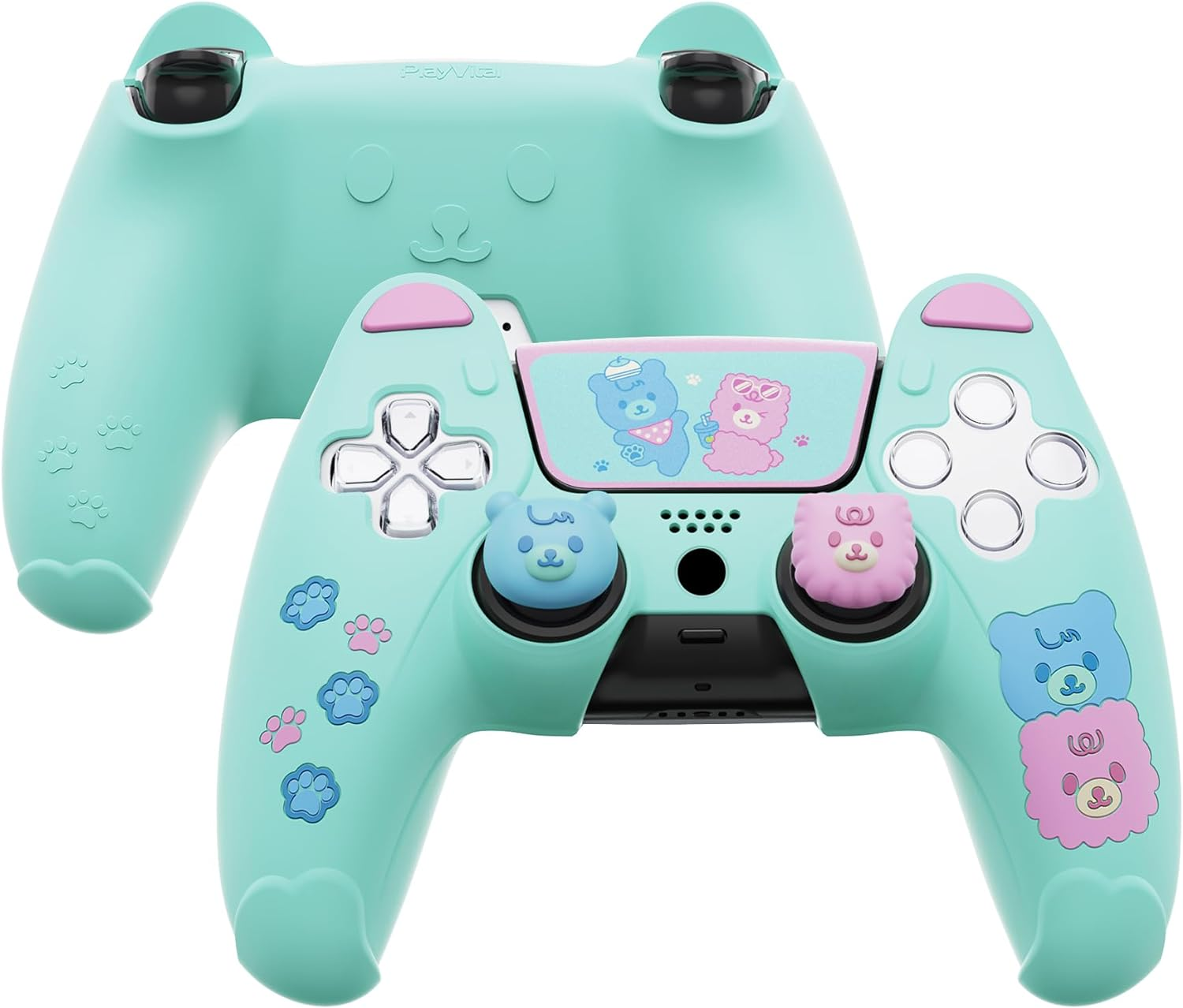 Playvital Cute Bear Controller Silicone Case for Ps5, Kawaii Controller Cover Compatible with Charging Station, Gamepad Skin Protector for Ps5 with Touch Pad Sticker & Thumb Grips - White & Pink