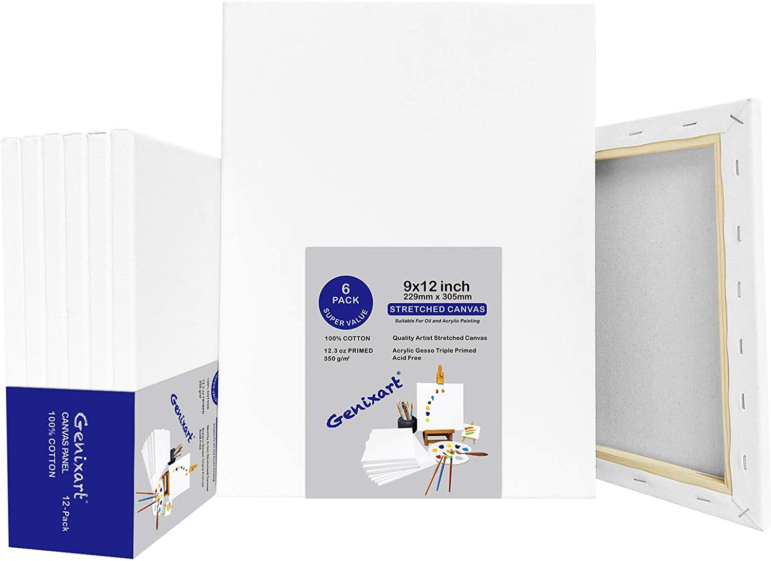 Genixart White Blank Stretched Canvas, Primed Professional Artist Canvases for Acrylics & Oils Painting (28X36Cm / 11" X 14" (6Pack))