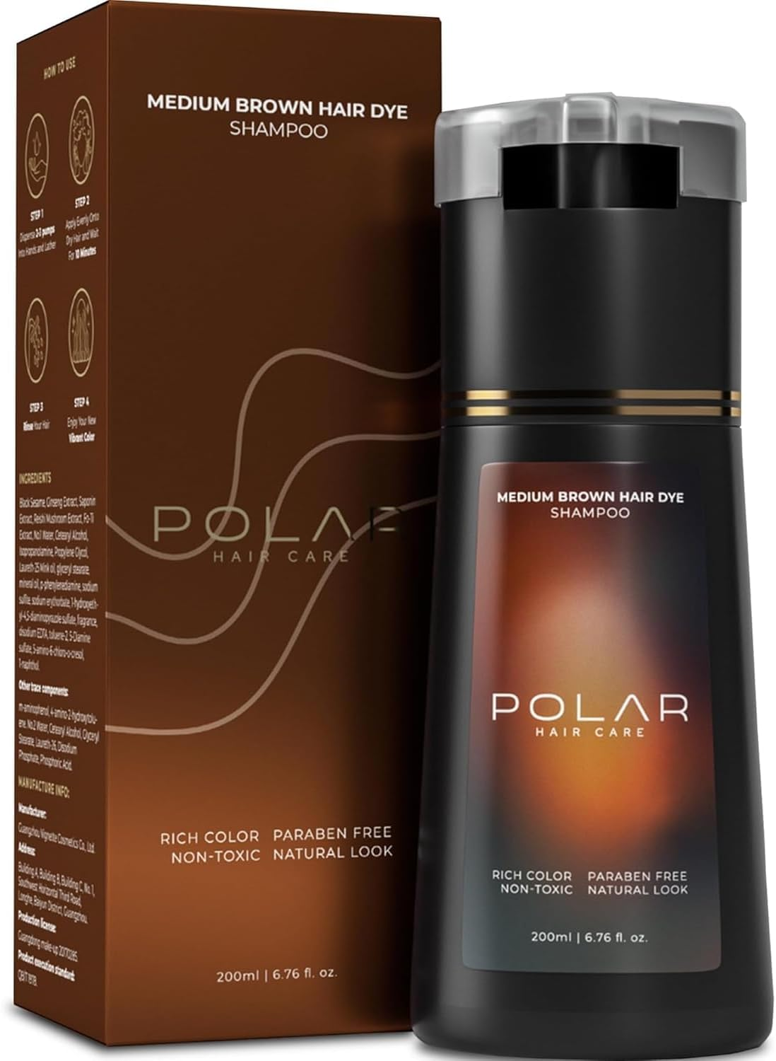 POLAR CARE Hair Dye Shampoo for Gray Hair for Women & Men - Natural Hair Dye Kit - 6.76 Fl Oz (Medium Brown)