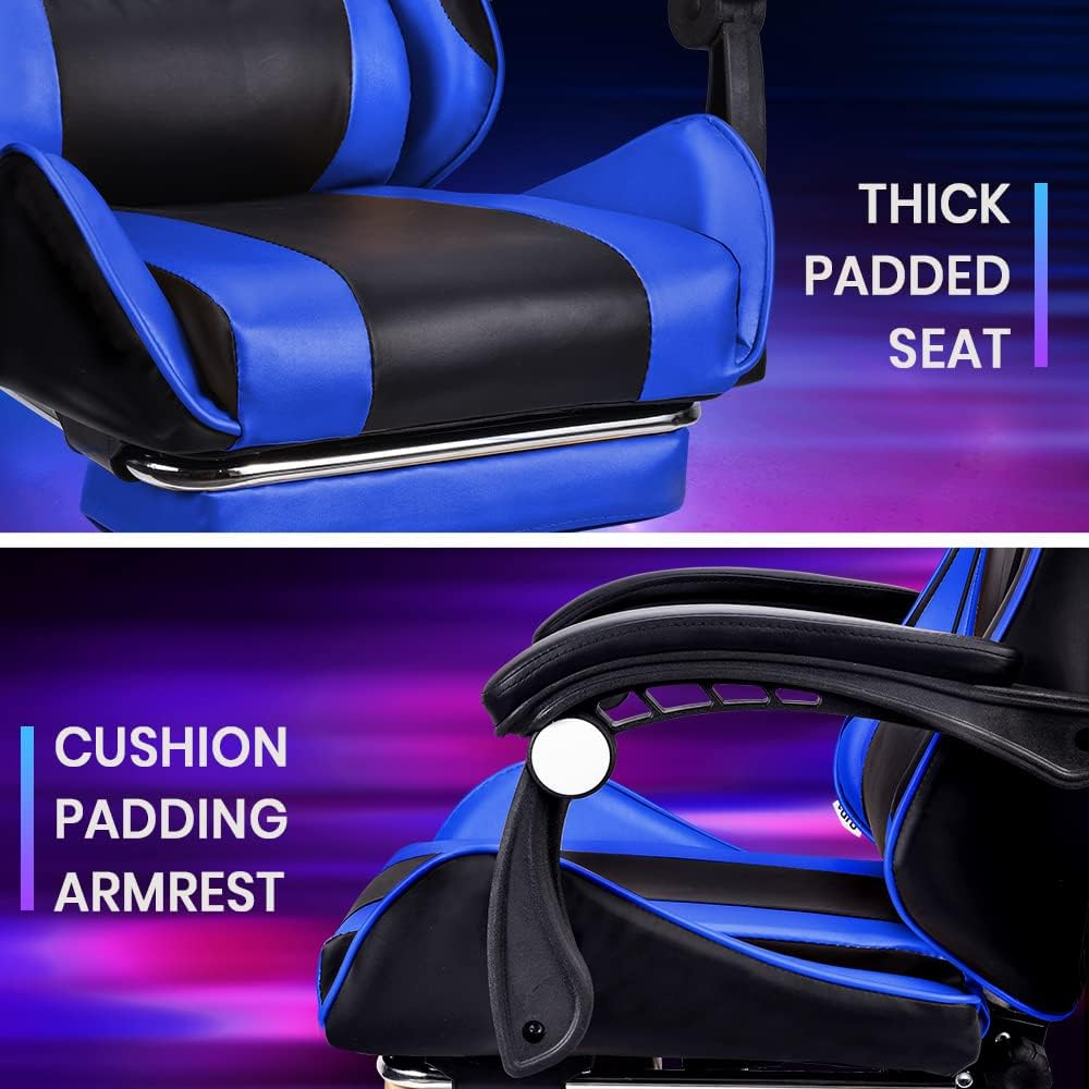 Furb Gaming Chair with 2-Point Massage Lumbar Cushion and Footrest, Ergonomic Executive Office Chair PU Leather Computer Chair with Adjustable Headrest and 135&deg;Recline, Black+Blue image number 3