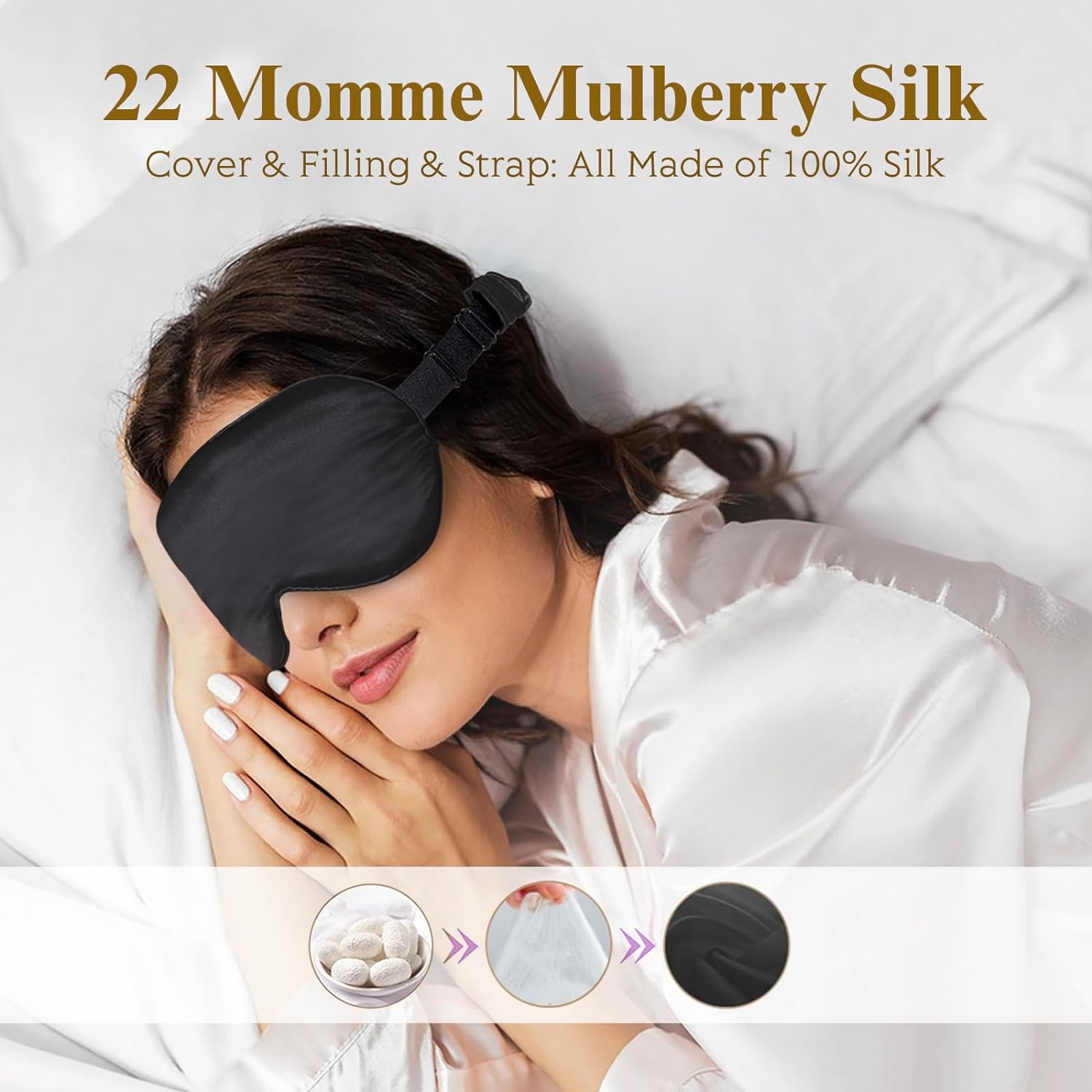 Beevines Silk Sleep Mask, 1 Pack 22 Momme Silk Eye Masks for Sleeping with Adjustable Strap, 3D Contoured Sleep Eye Mask for Eyelash Extension, Blackout Mulberry Silk Eye Mask for Men & Women (Black)