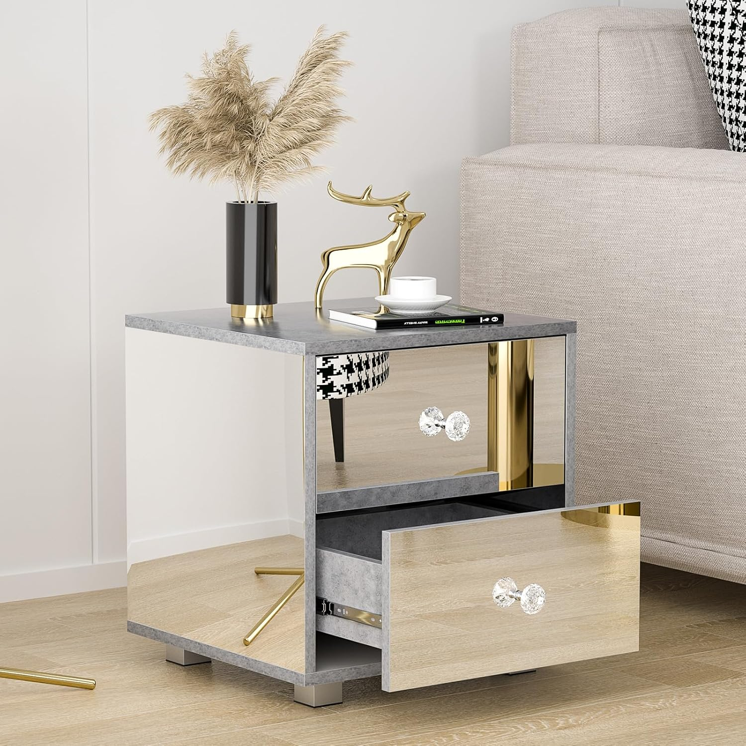 Ufurniture Mirror Bedside Table 2 Drawers Side Table Mirrored Nightstand for Bedroom Living Room image number 4