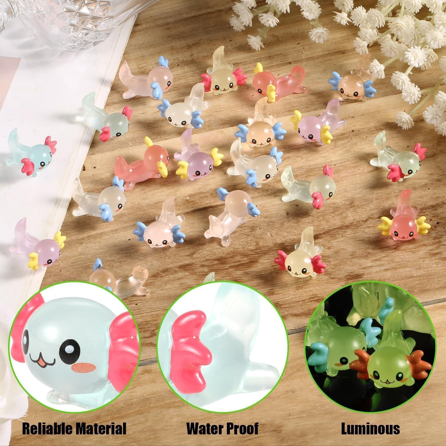 Mini Resin Axolotl Miniature Figurine, Glow in the Dark Tiny Animal Figurines Small Luminous Charm Ornament for DIY Craft Garden Landscape Ornament Potted Plants Decorations (Luminous-42Pcs)