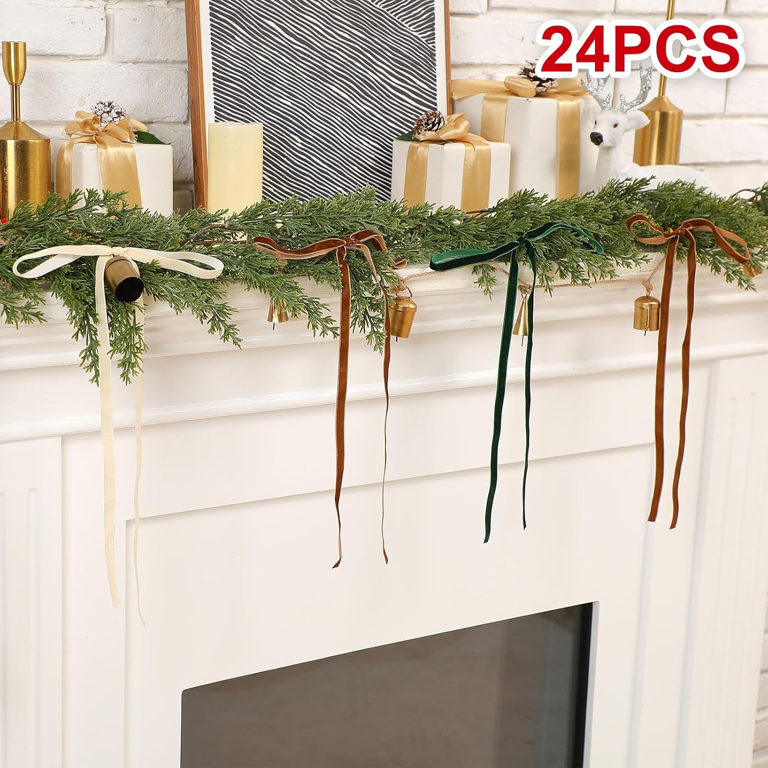 Brown,Dark Green,Beige 24 Pcs Velvet Bows Christmas Tree Ornaments Valentines Day Bows Decoration for Garland Home Coquette Wedding Decor (9 X 13 Inch,Width of 3/8") image number 3