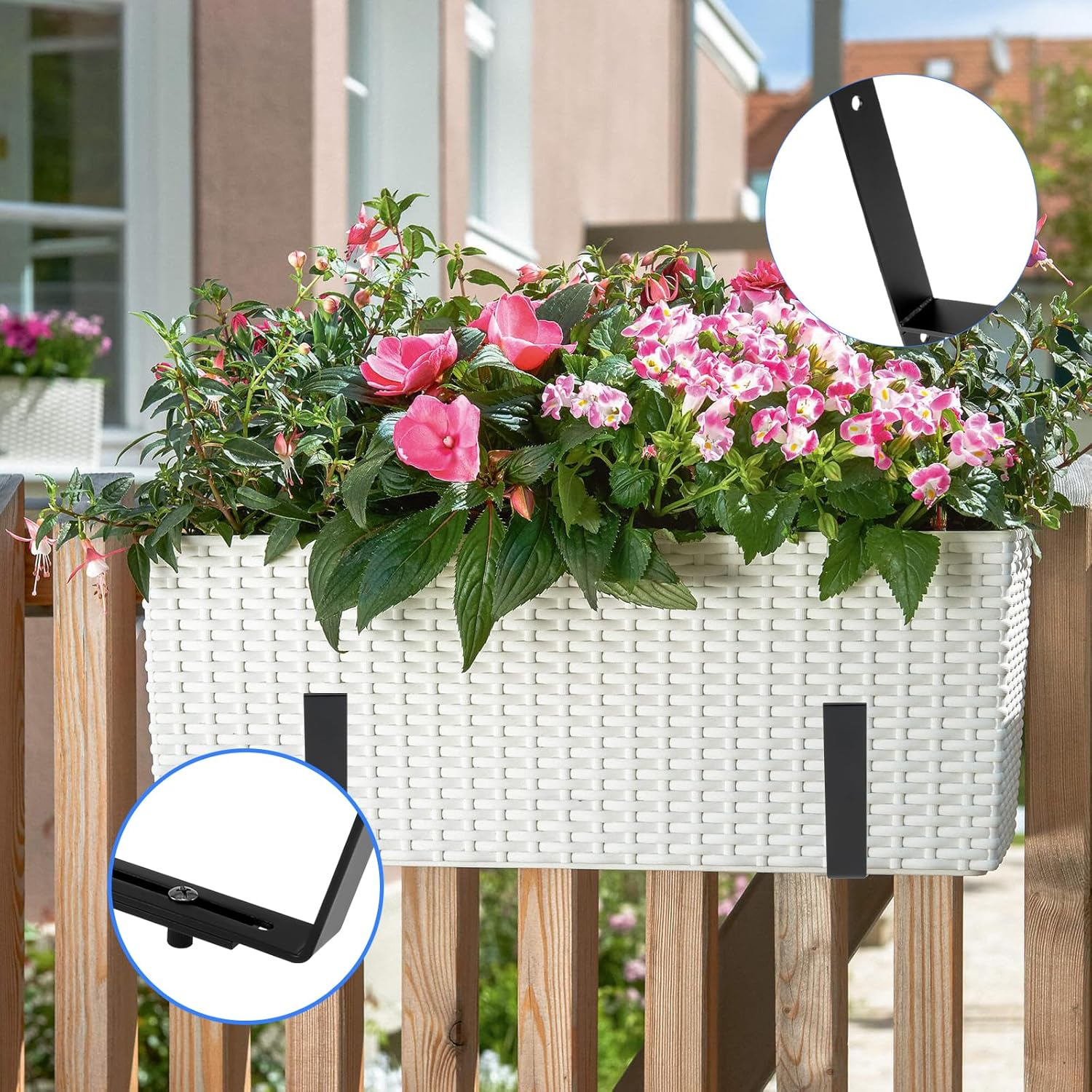 4 Pack Flower Window Box Brackets , Adjustable Wall Mount Planter Box Bracket , Heavy Duty Iron Flower Box Holder，For Railings Deck Windowsills Gardens Fences and Balconies image number 4