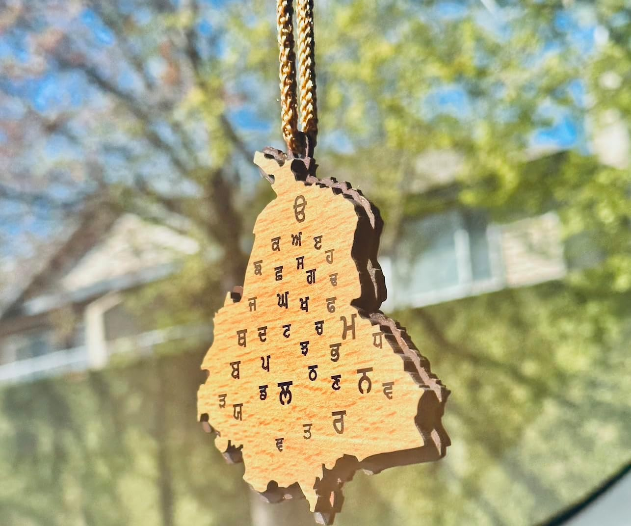 Sadigali Punjab Map Car Hanging Punjabi Car Accessory for Punjabi Car Decor Both Side Gurmukhi and Punjab States Engraved 6MM Thick 4 Inches Wide Khanda Punjabi Accessory, Beige image number 3