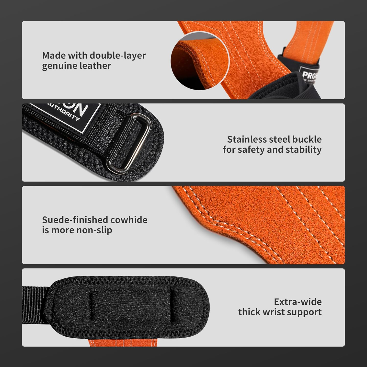 PROIRON Weight Lifting Wrist Straps Double Layer Leather Weightlifting Wrist Strap Heavy Duty Power Wrist Straps Hand Grip Support for Deadlifts, Pull Ups, Shrugs for Men and Women(Pair) - Orange-L image number 2