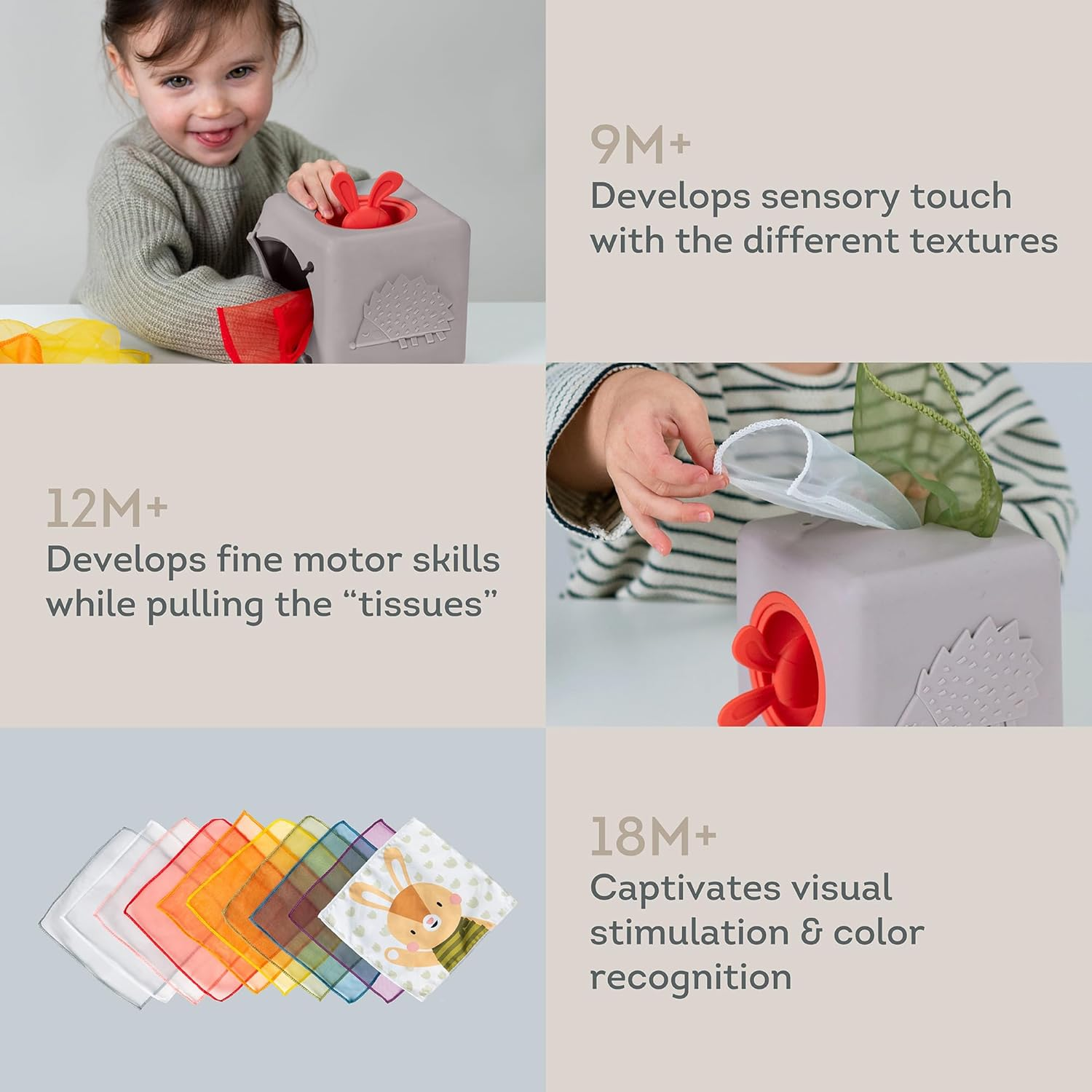 Taf Toys Baby Tissue Box Montessori Toy for Babies - Sensory & Motor Skills Development Silicone Box with 10 Fabric Tissues, Pop-Up Bunny, Toys for 1 Year Old Boy Girl Preschool Toy
