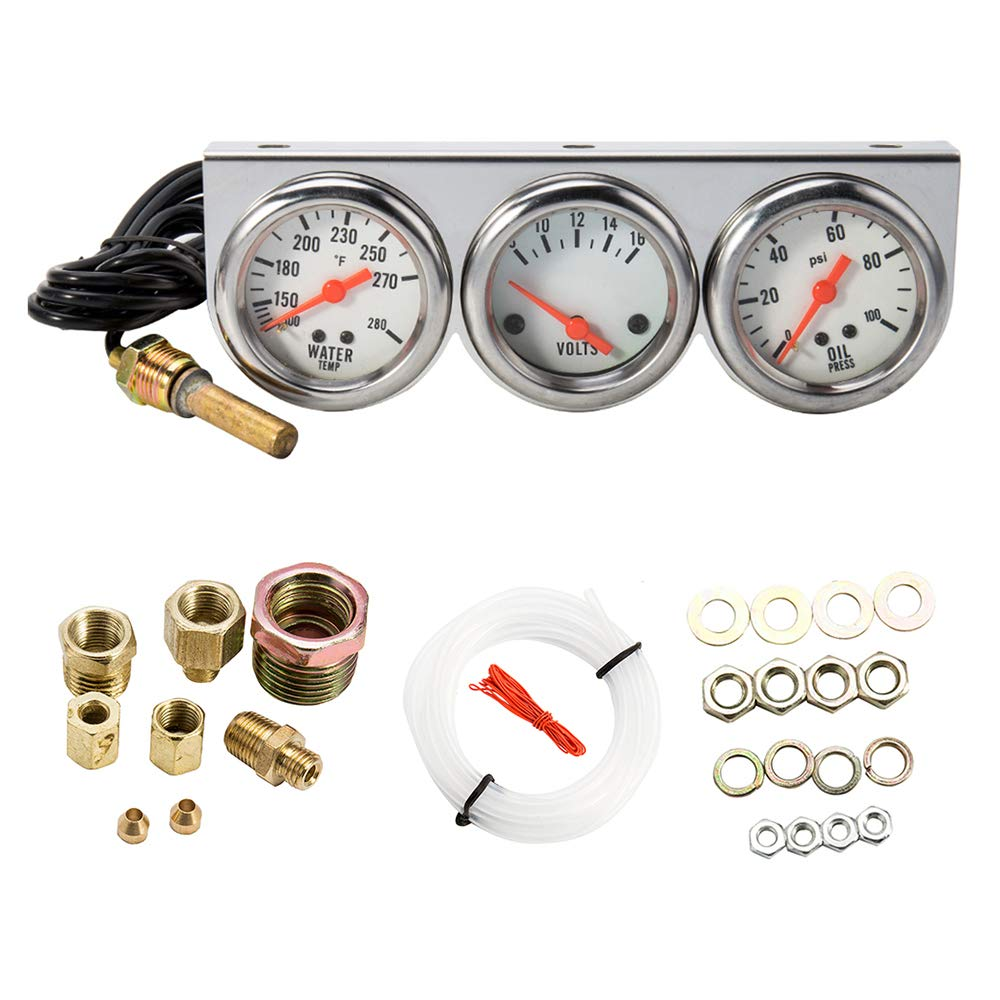 Triple Gauge Kit, 3 in 1 Car Oil Volt Water Gauge, Chrome Housing, White Face, Red Needles, 51Mm Size, 100-280F Water Temp, 8-16V Volts, 0-100Psi Oil Pressure image number 5