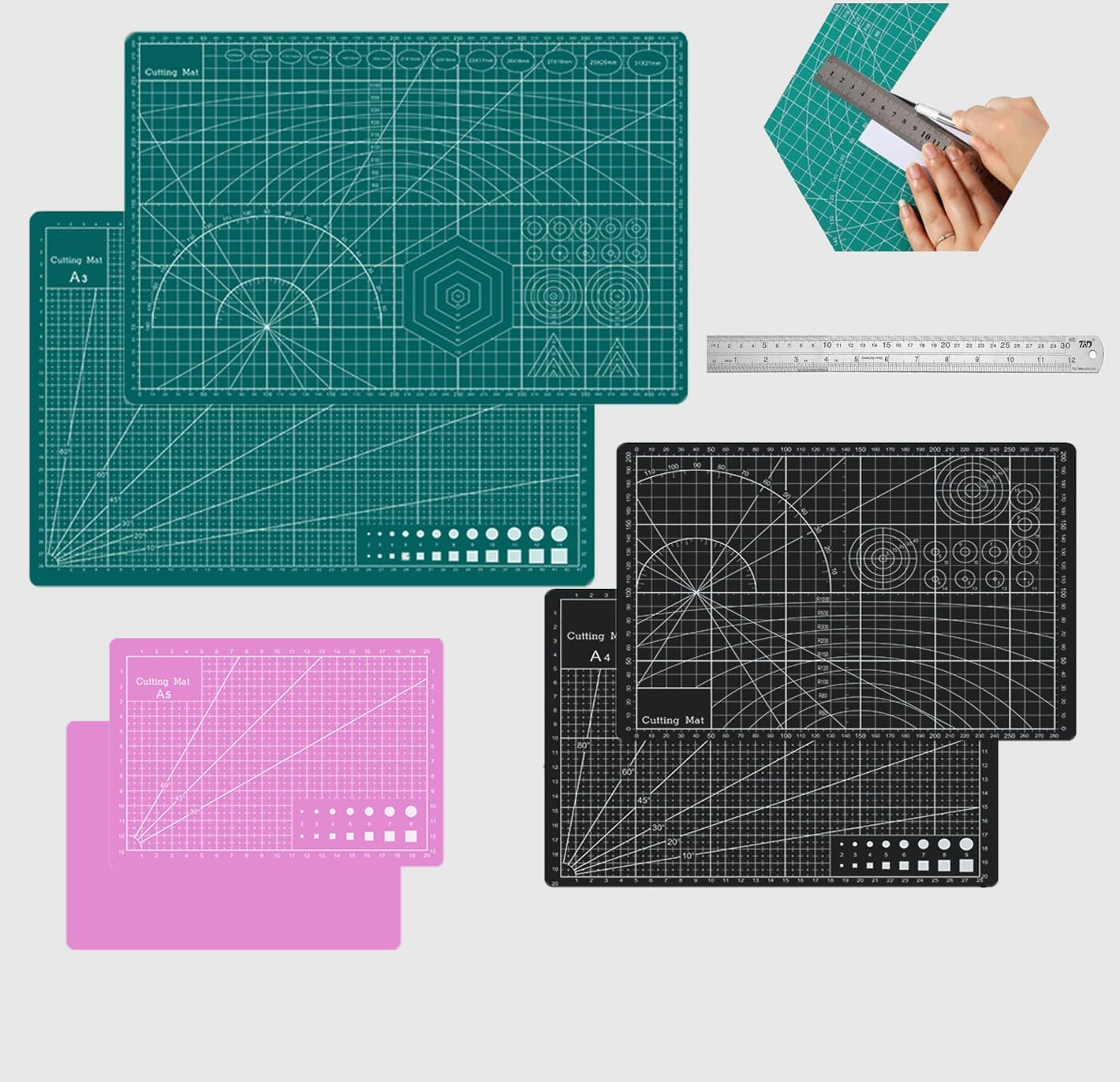 3Pcs Cutting Mat,Self Healing Cutting Mat A3 A4 A5,Double Sided Cutting Mats, Dressmakers Cutting Mat, Great for Scrapbooking, Quilting (A3(Green) A4(Black) A5(Green)) image number 3